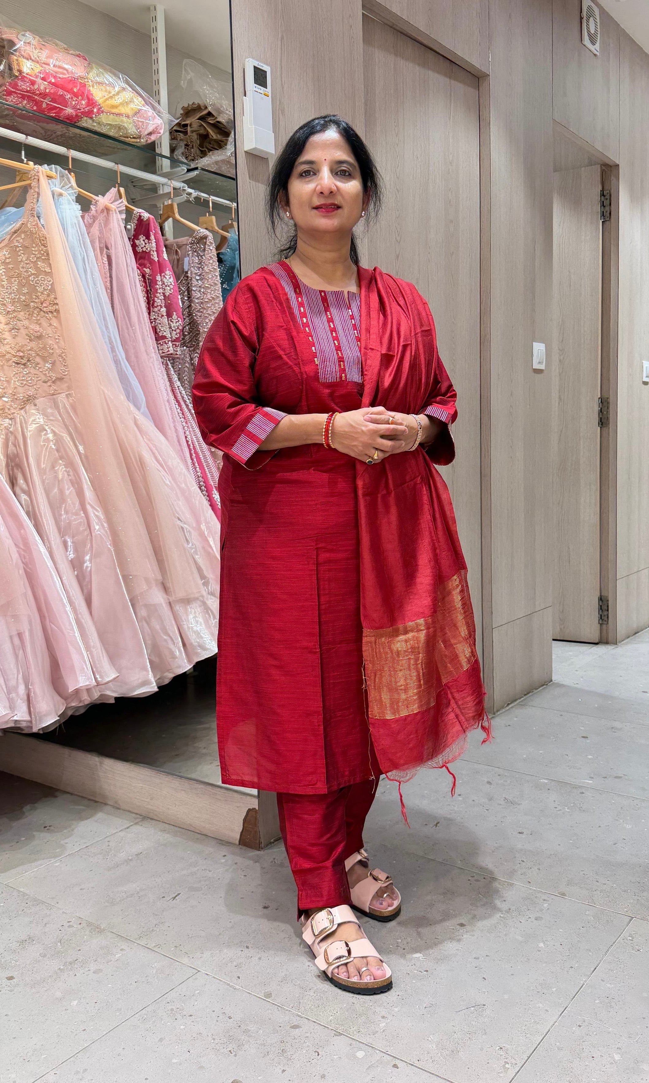 Maroon Silk Straight Kurta Set with Dupatta