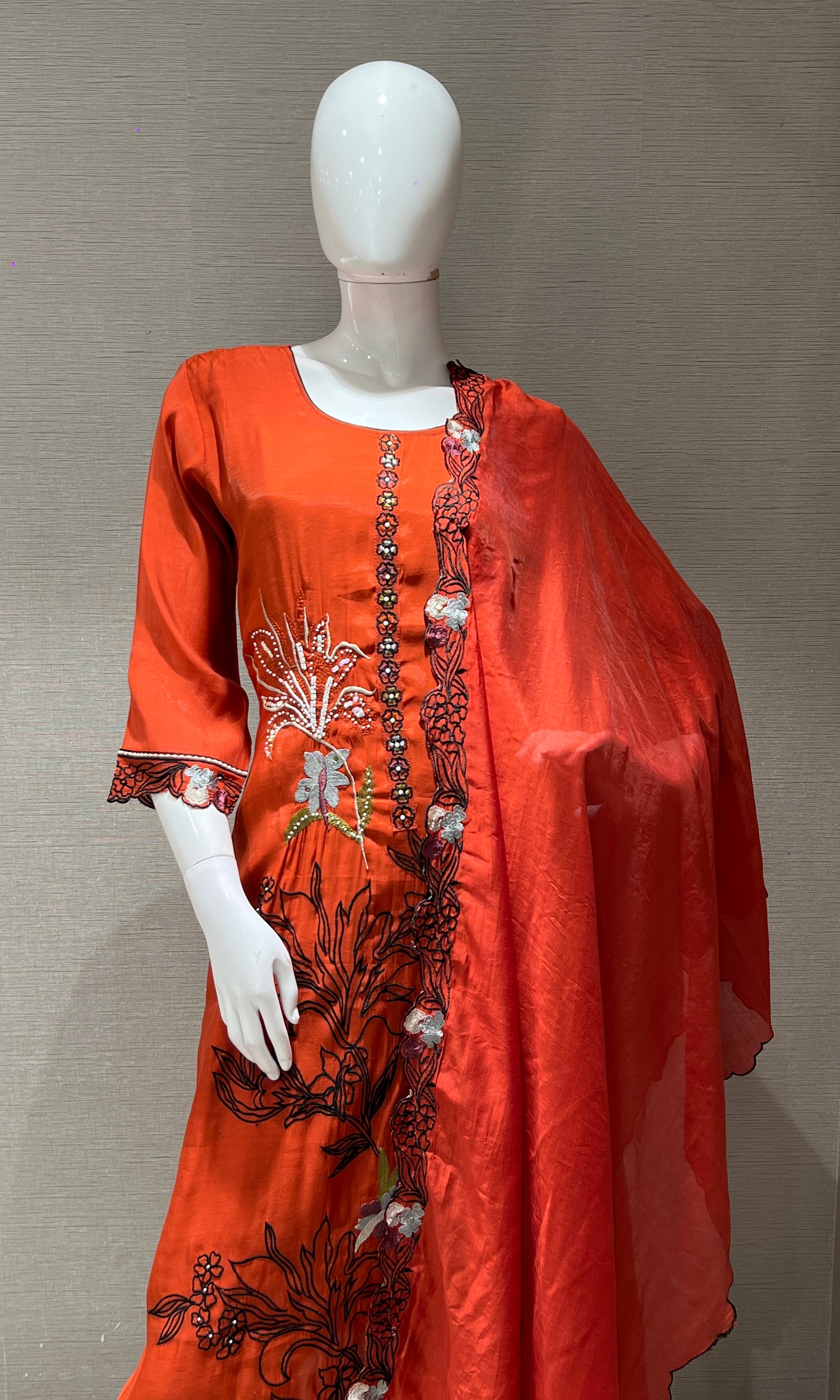 RUST Floral Embellished MUL CHANDERI KURTA SET