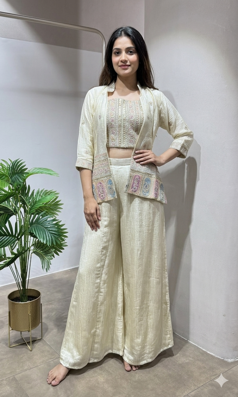 Cream crop top palazoo with jacket