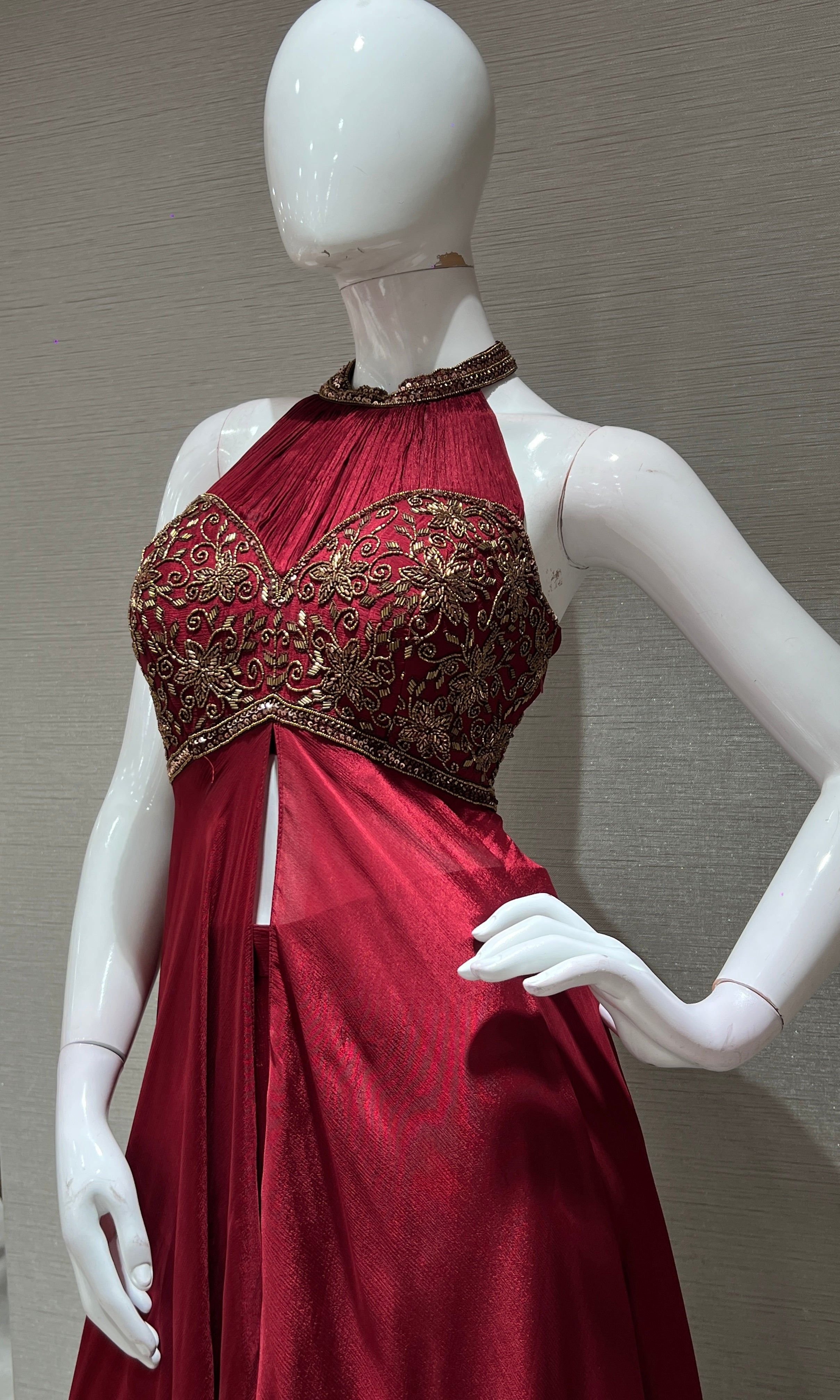 maroon HALTER NECK embroidered PALAZZO SET