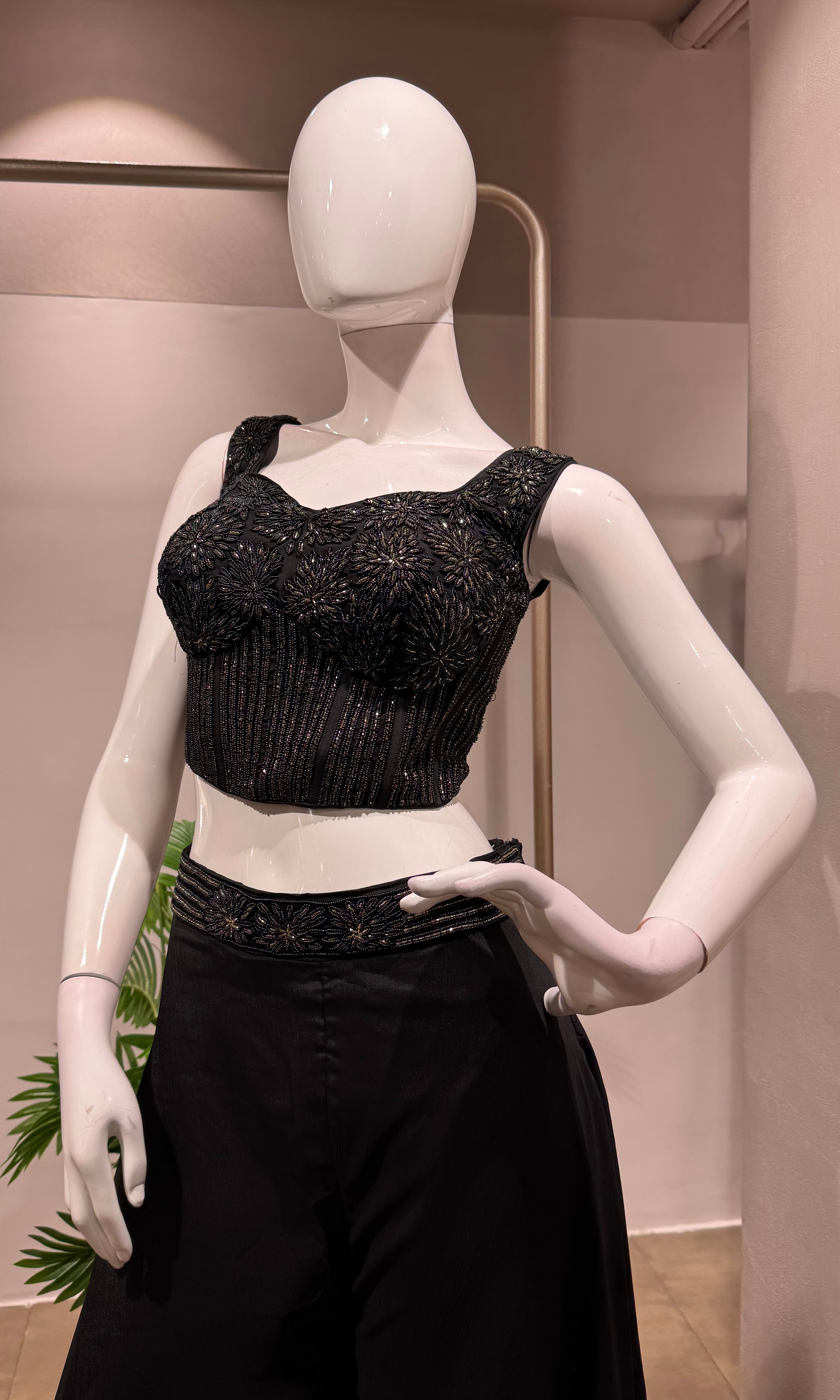 BLACK Embroidered Crop Top with Dhoti Skirt
