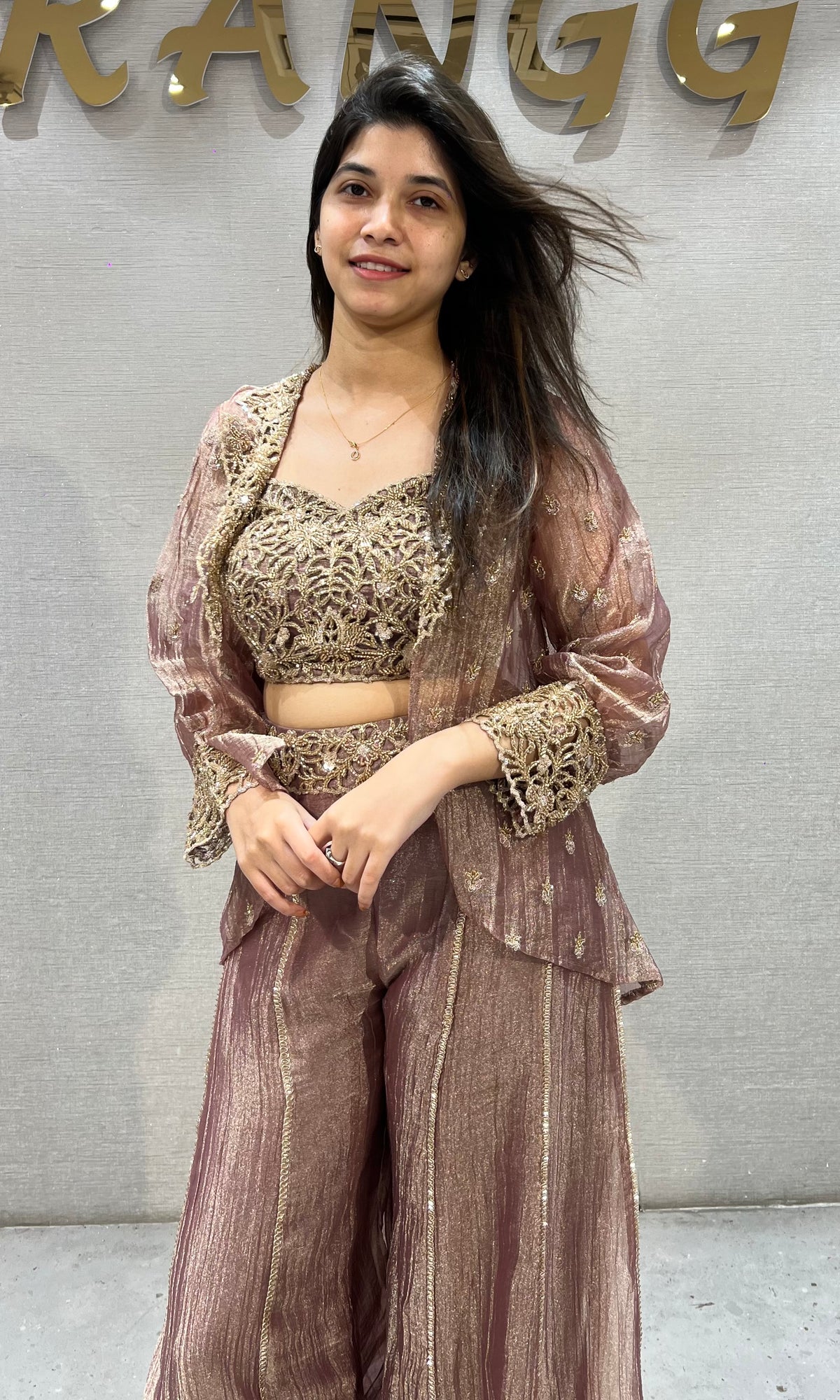 Elegant Rose Gold Shimmer Crop top Palazzo Set