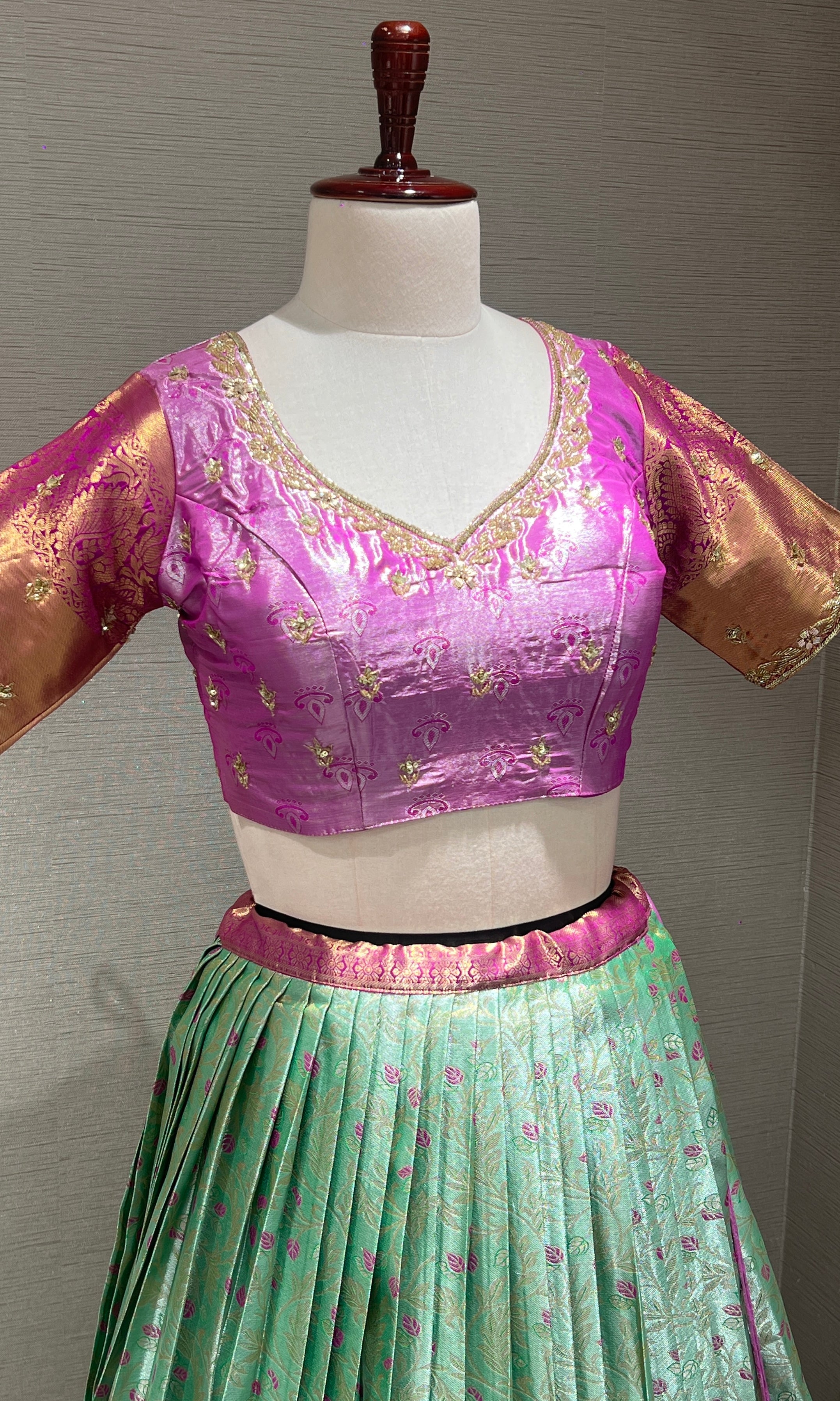 PINK Banarasi LEHENGA with Mint Floral Weave