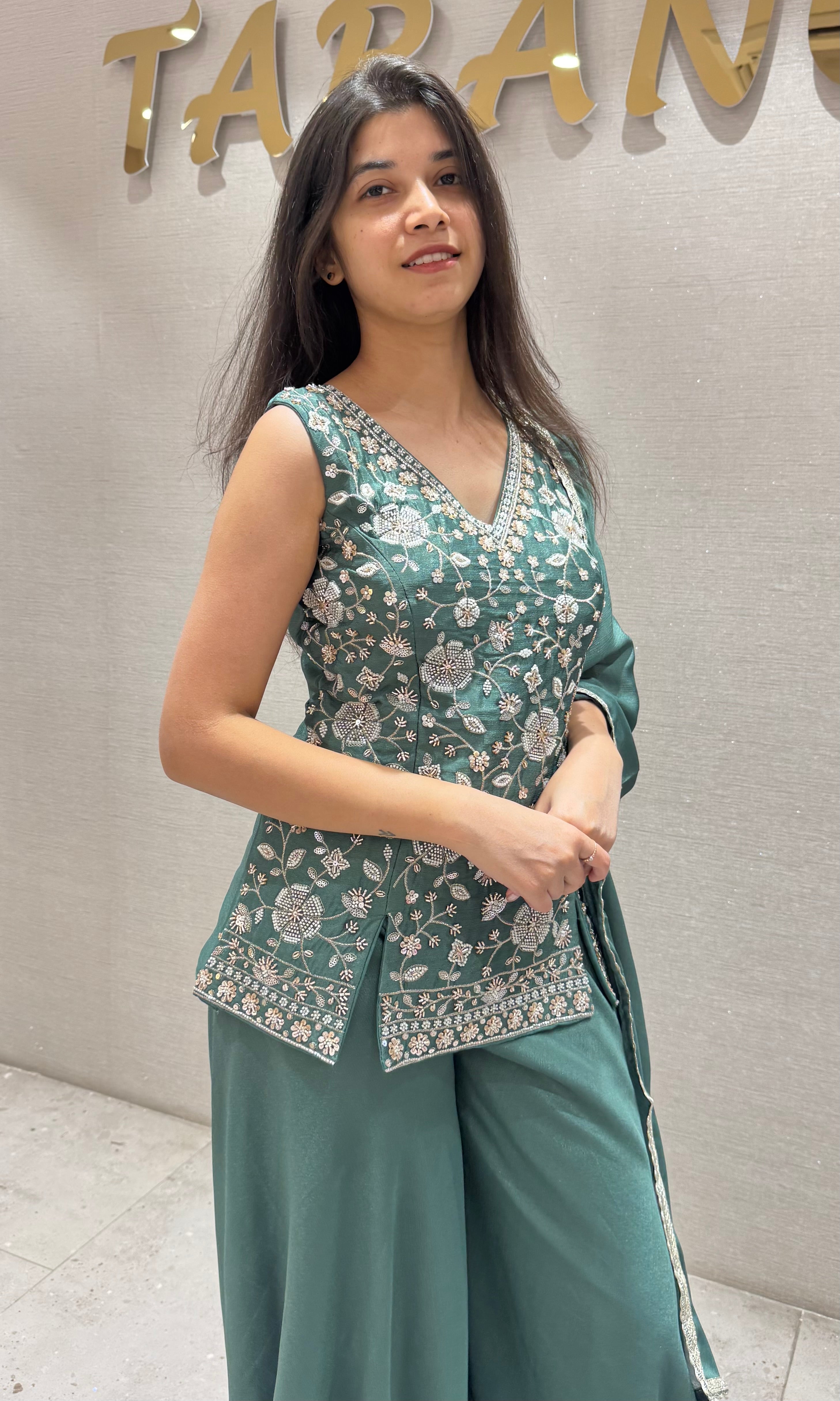 Green Peplum Sharara Set with Floral Embroidery