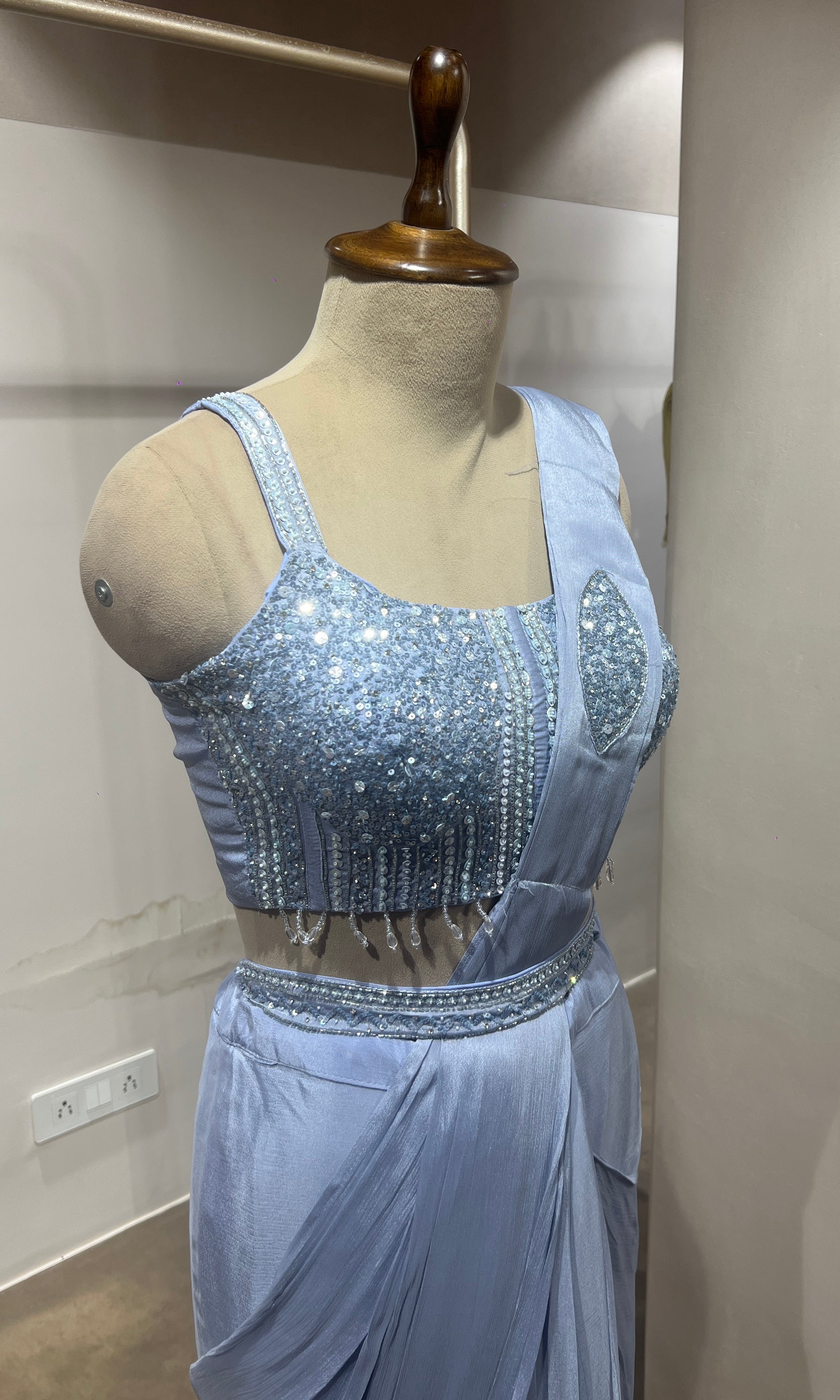 Blue satin drape saree with embellished blouse