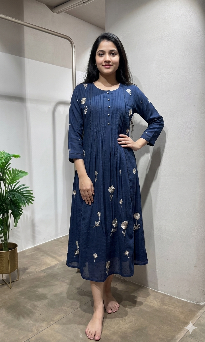 Navy Blue Pleated Cotton Kurta