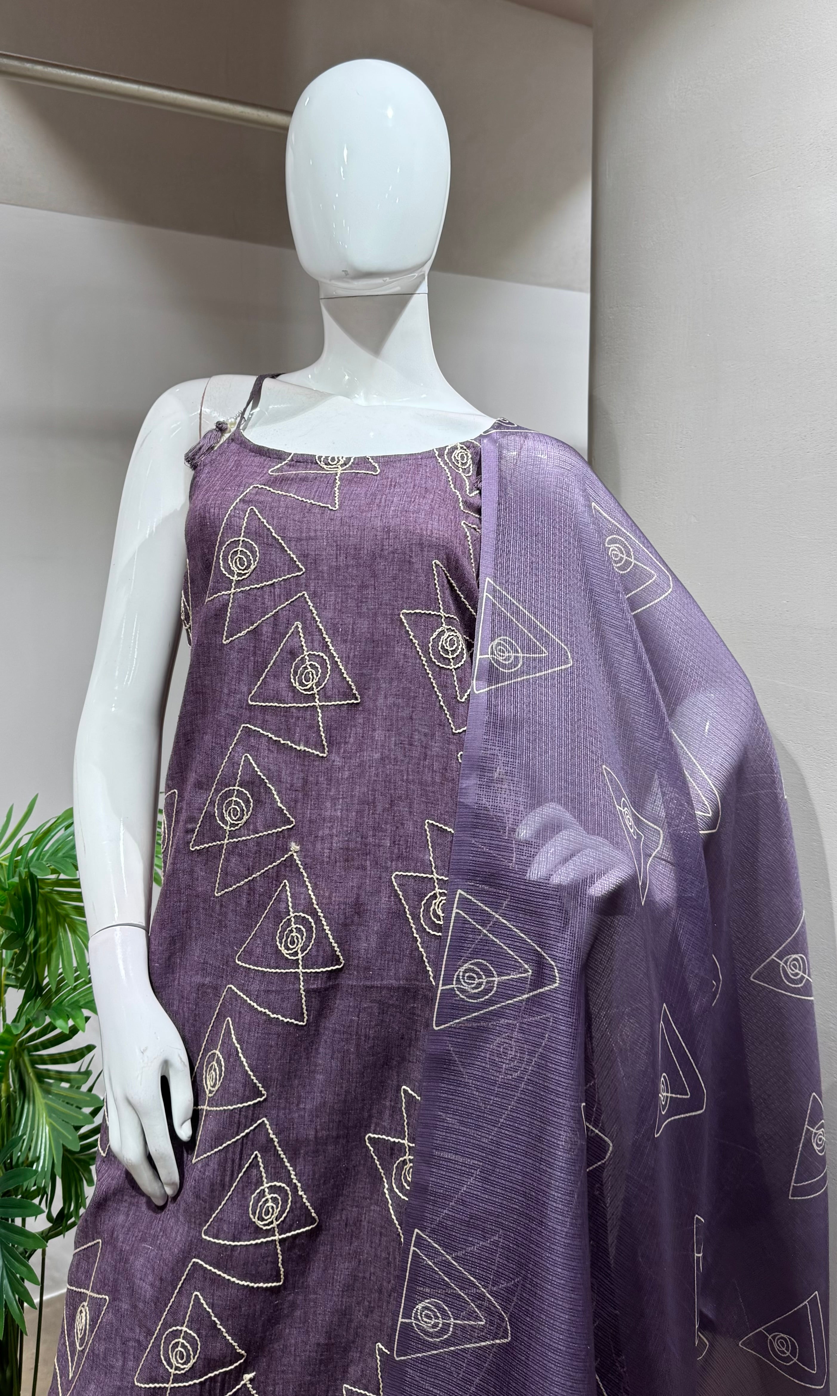 WINE Embroidered Kurta Set with Striped Dupatta