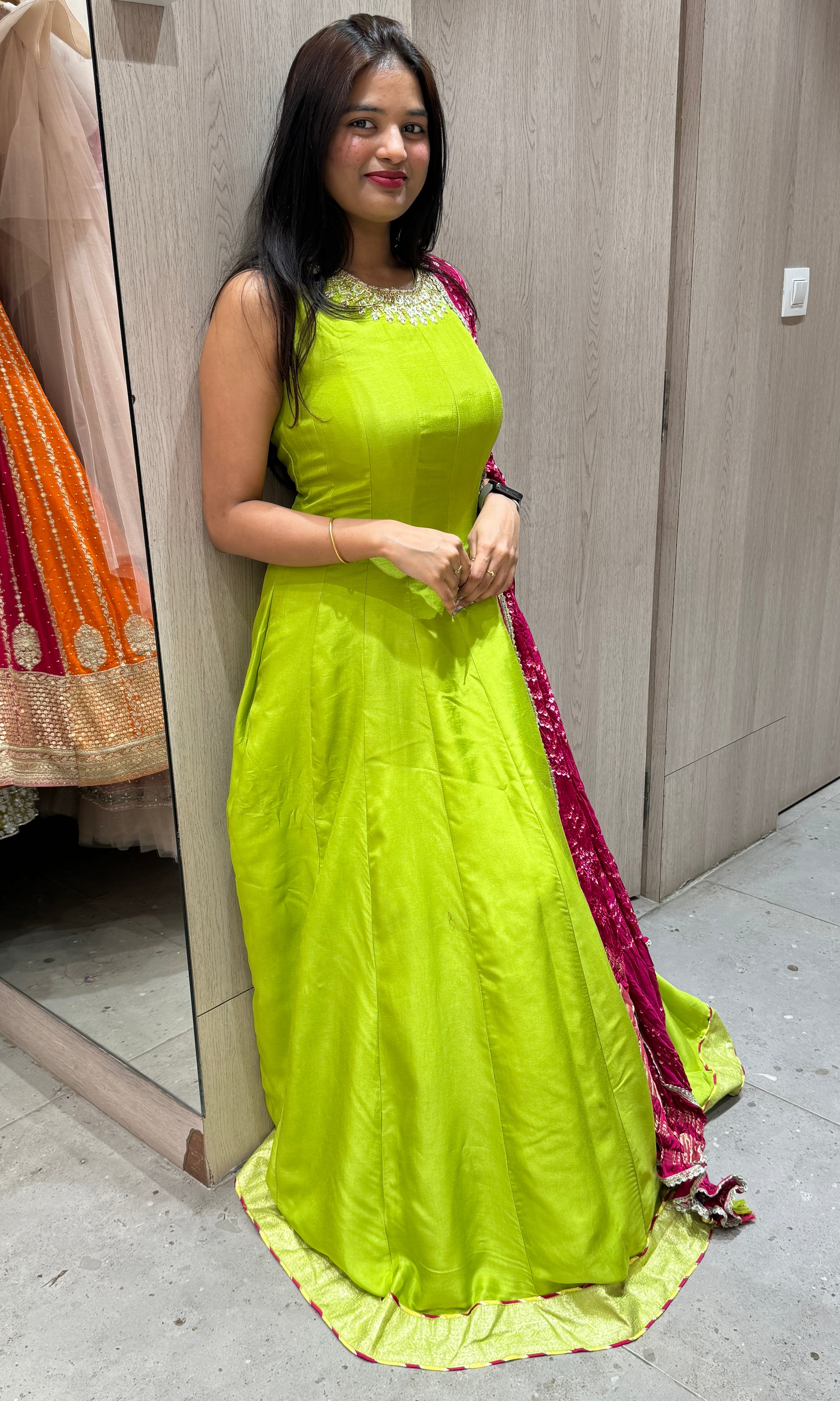 P green long dress with bandhani dupatta