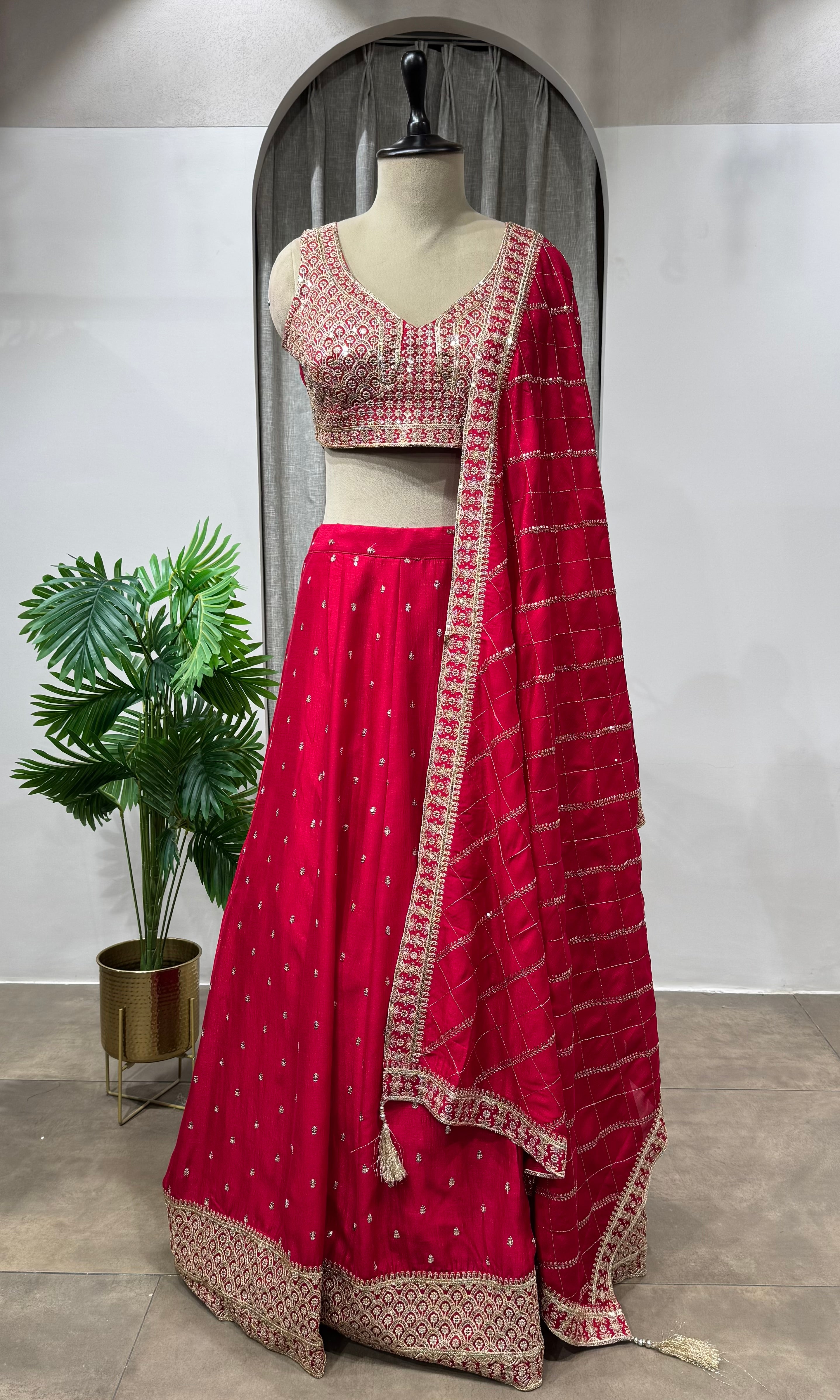 Rani Pink Zardozi & Sequins Crop Top Lehenga