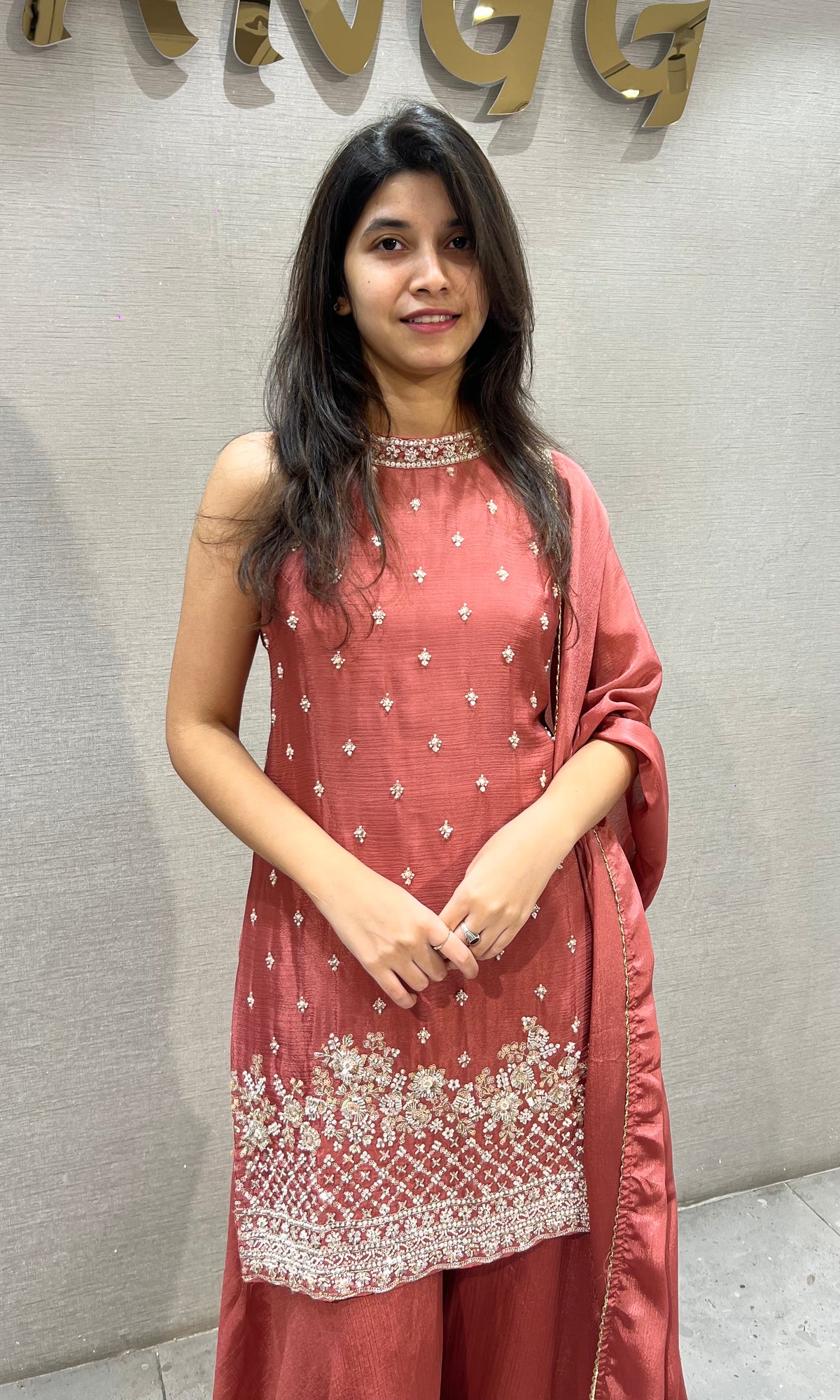 Rust Silk Embroidered Kurta and Palazzo Set
