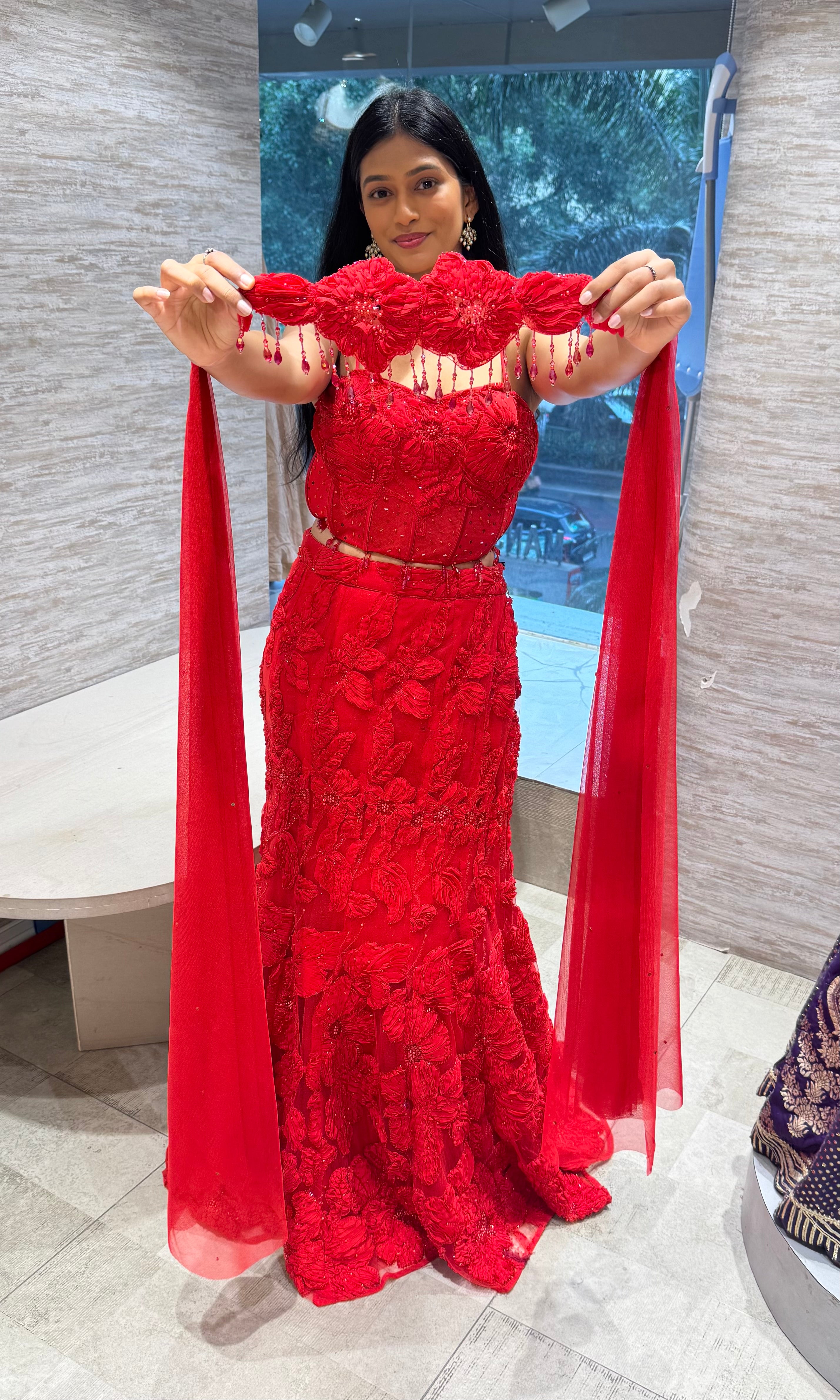 Crimson Red Floral Fish Lehenga set