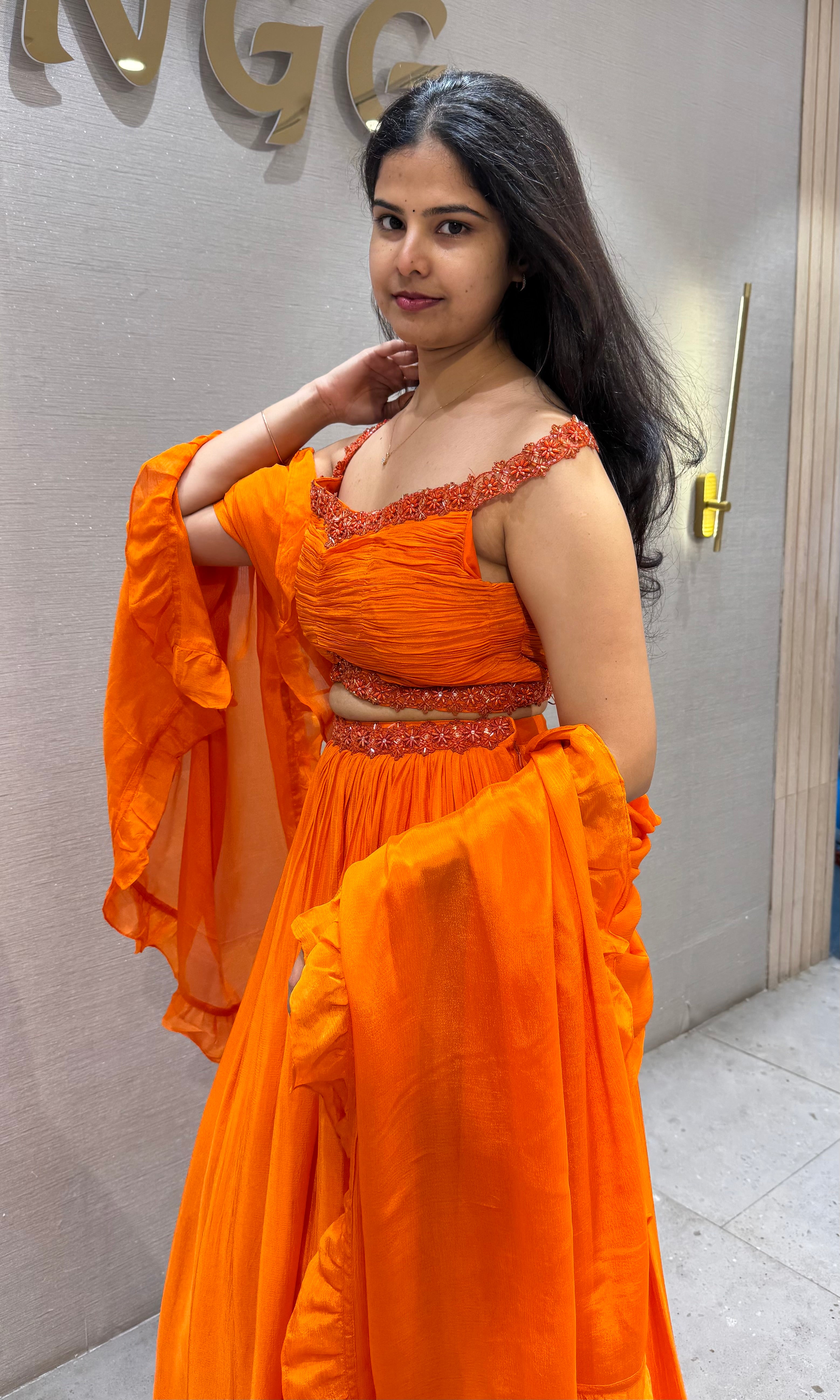 Orange cotton Embellished Crop Top Lehenga