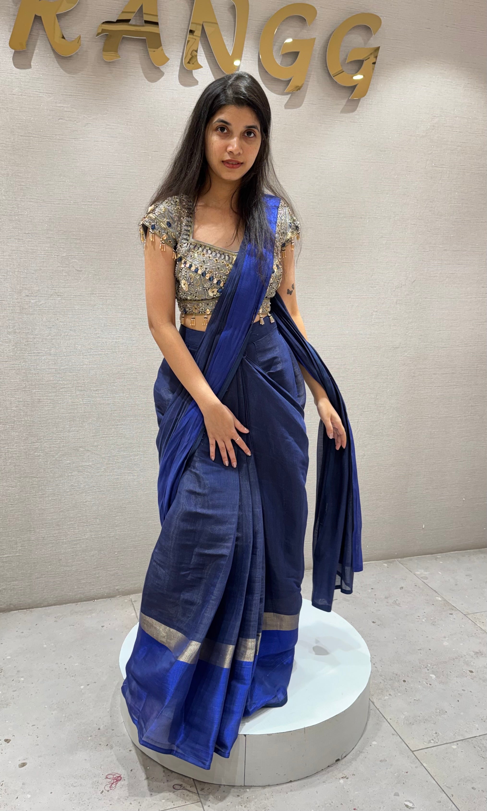 Blue Drape Saree with floral blouse