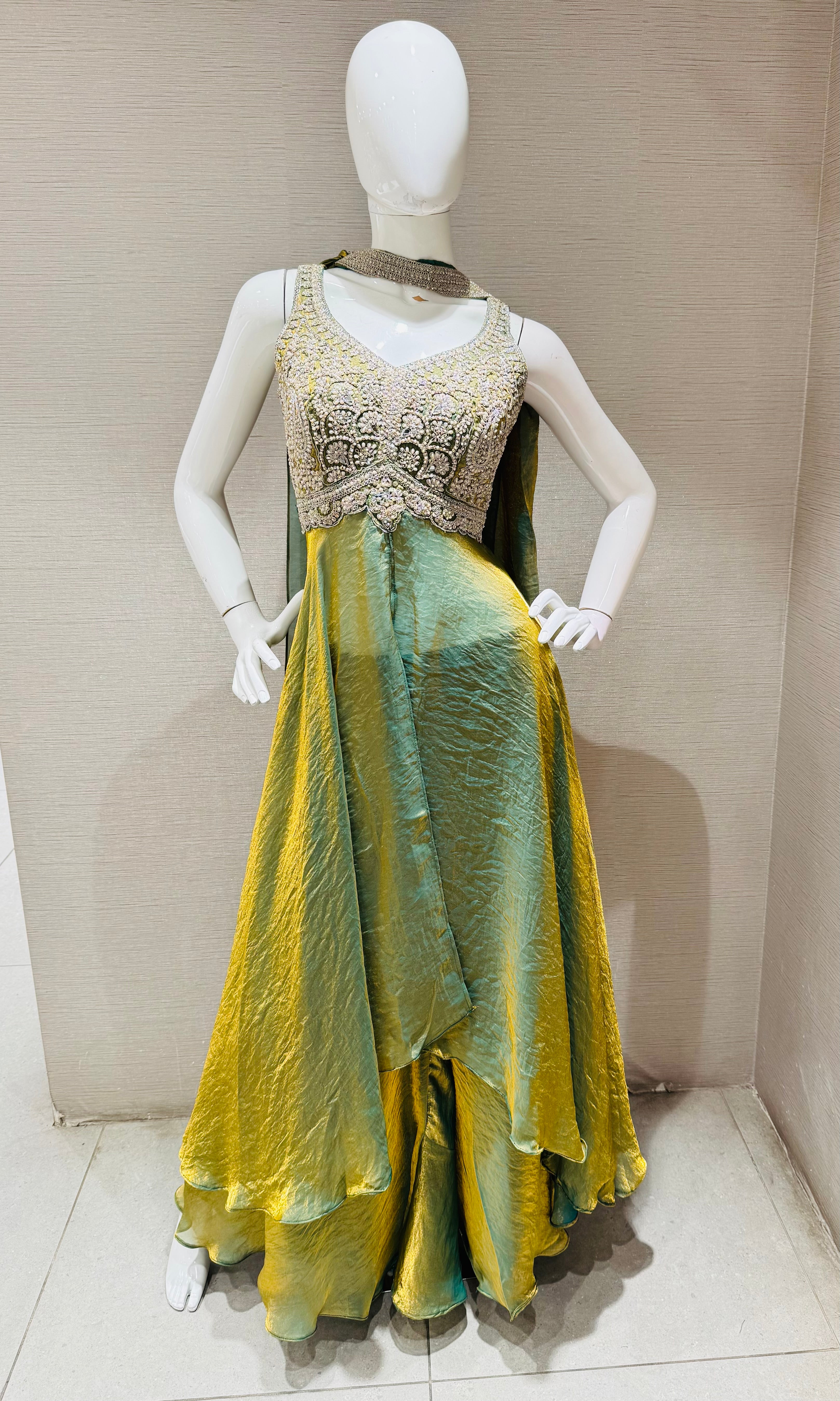 Olive Green Shimmer Tissue Palazzo set