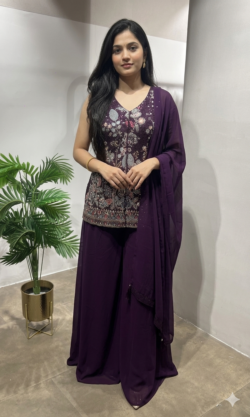 Purple Floral Georgette Sharara Suit