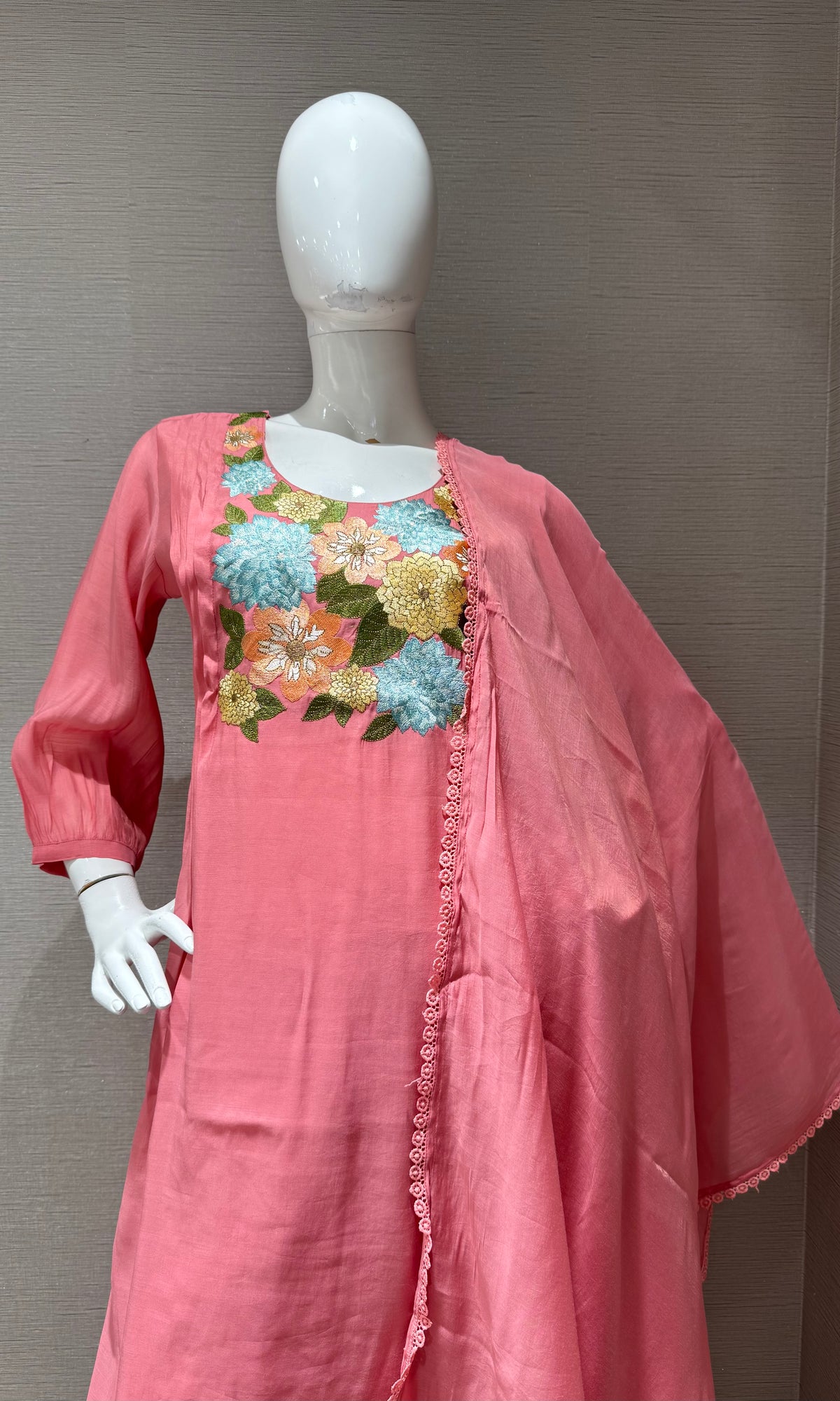 Pink Floral Embroidered Mul Chanderi A Line kurta Set with dupatta