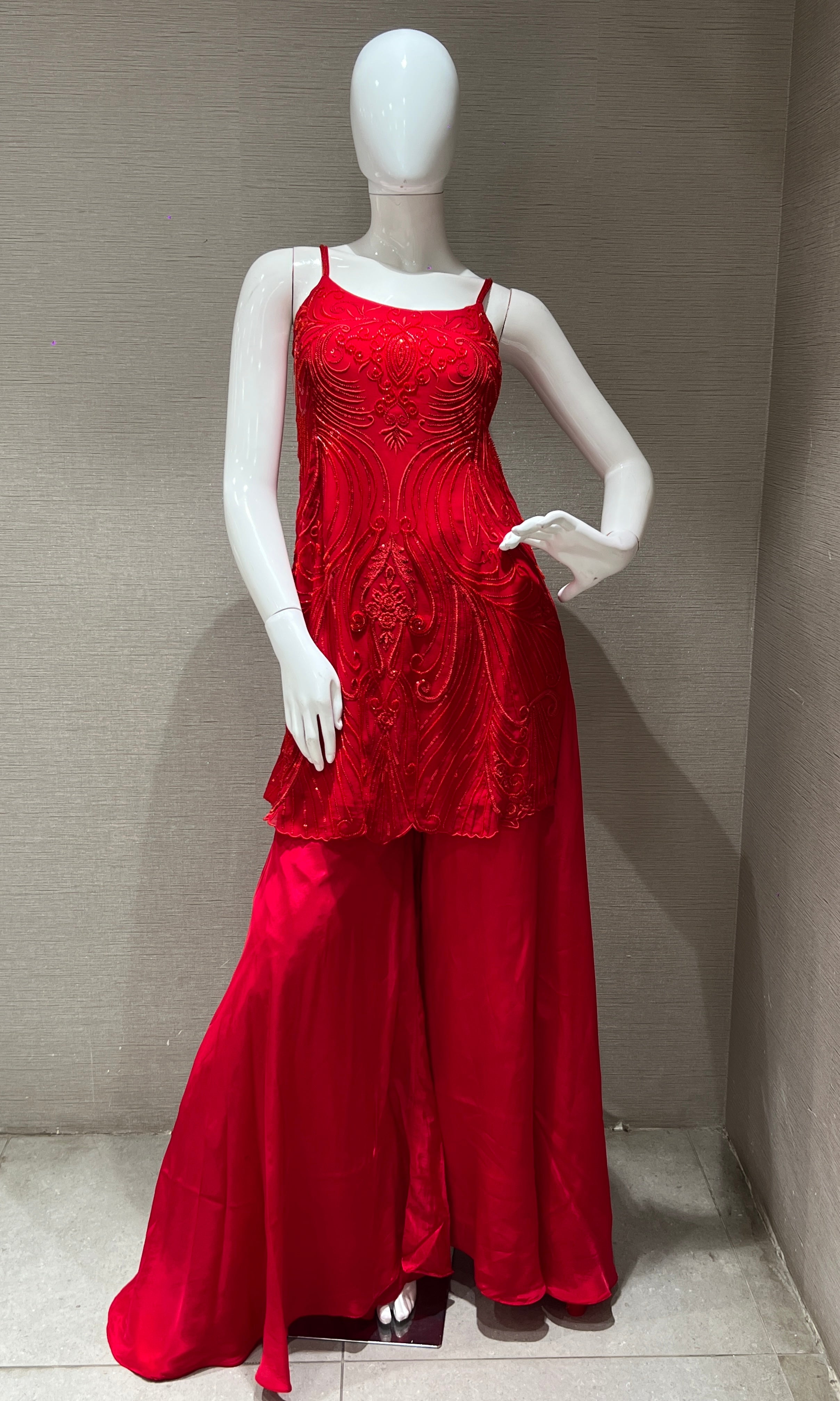 cherry Red silk palazzo set with bead work