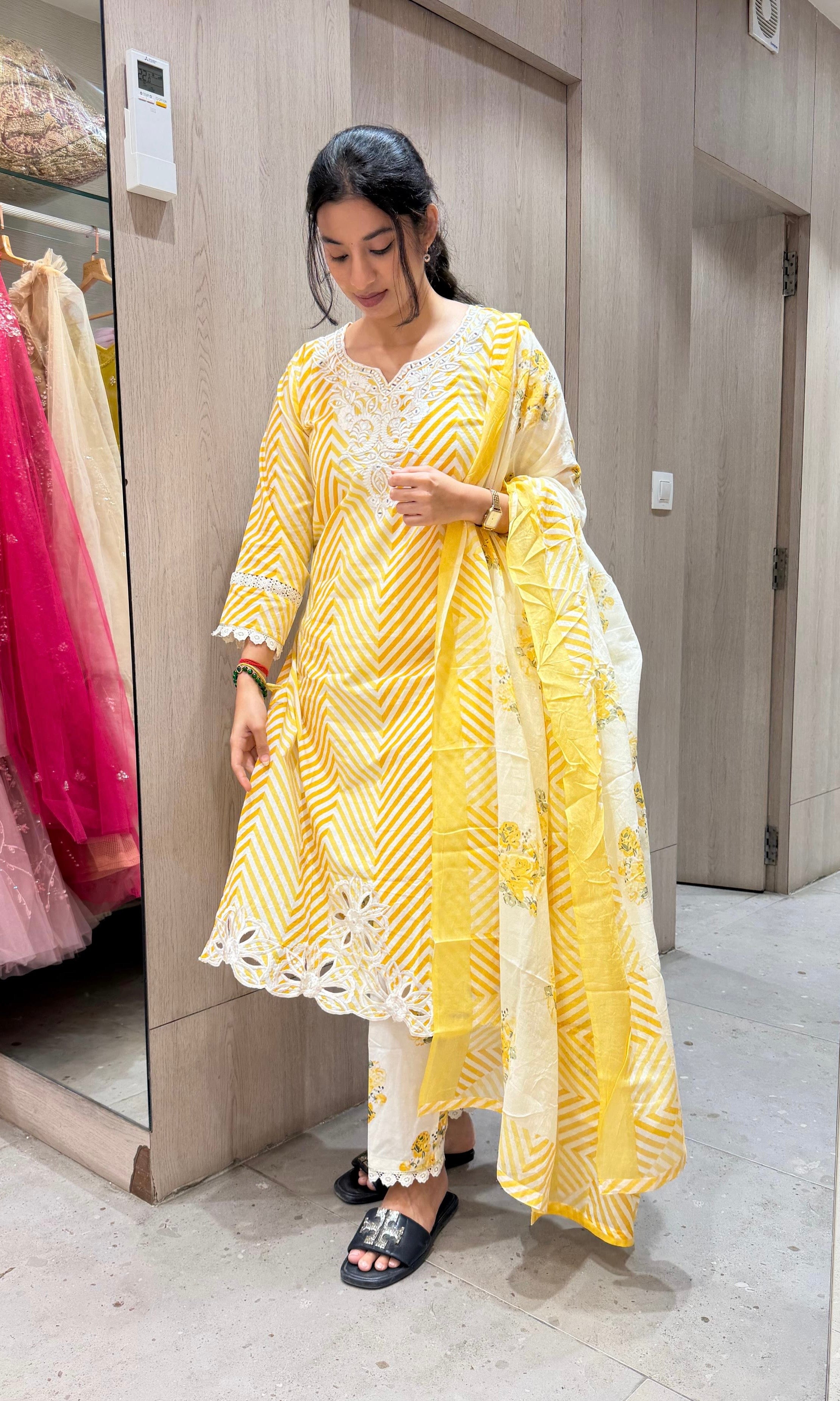 Yellow FLORAL STRIPED PRINTED kurta set