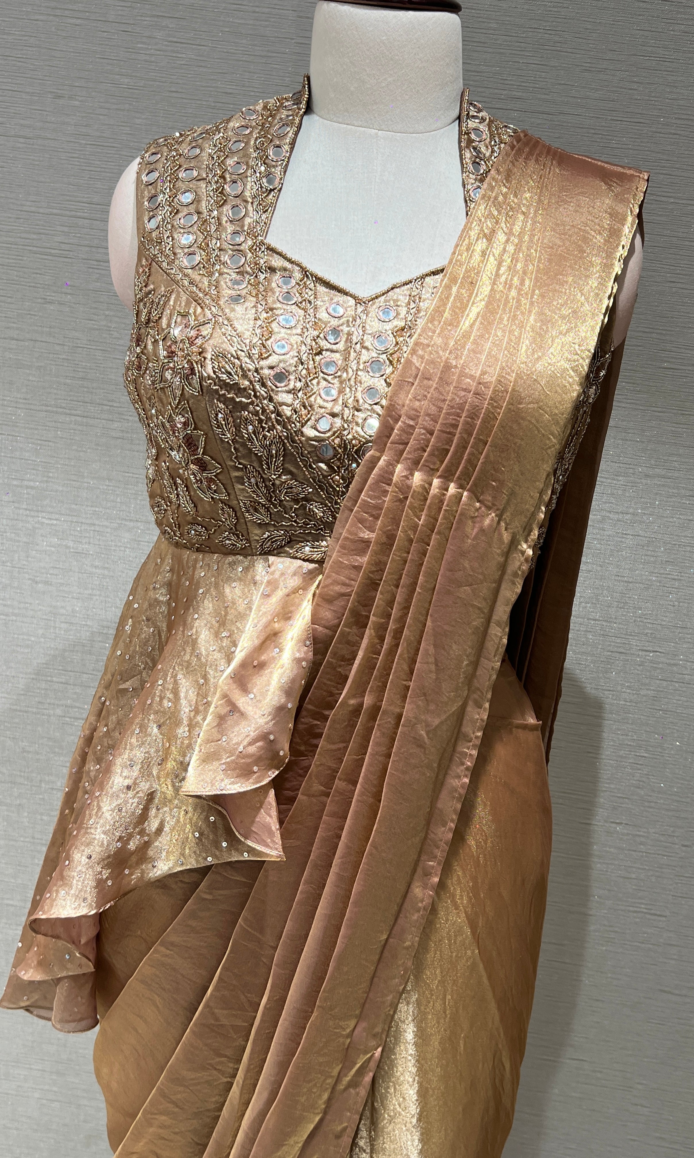 LIGHT BROWN metallic gold draped saree