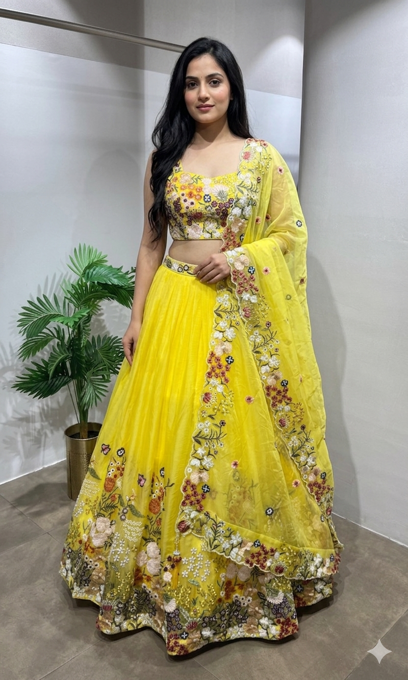 yellow floral embroidered lehenga set