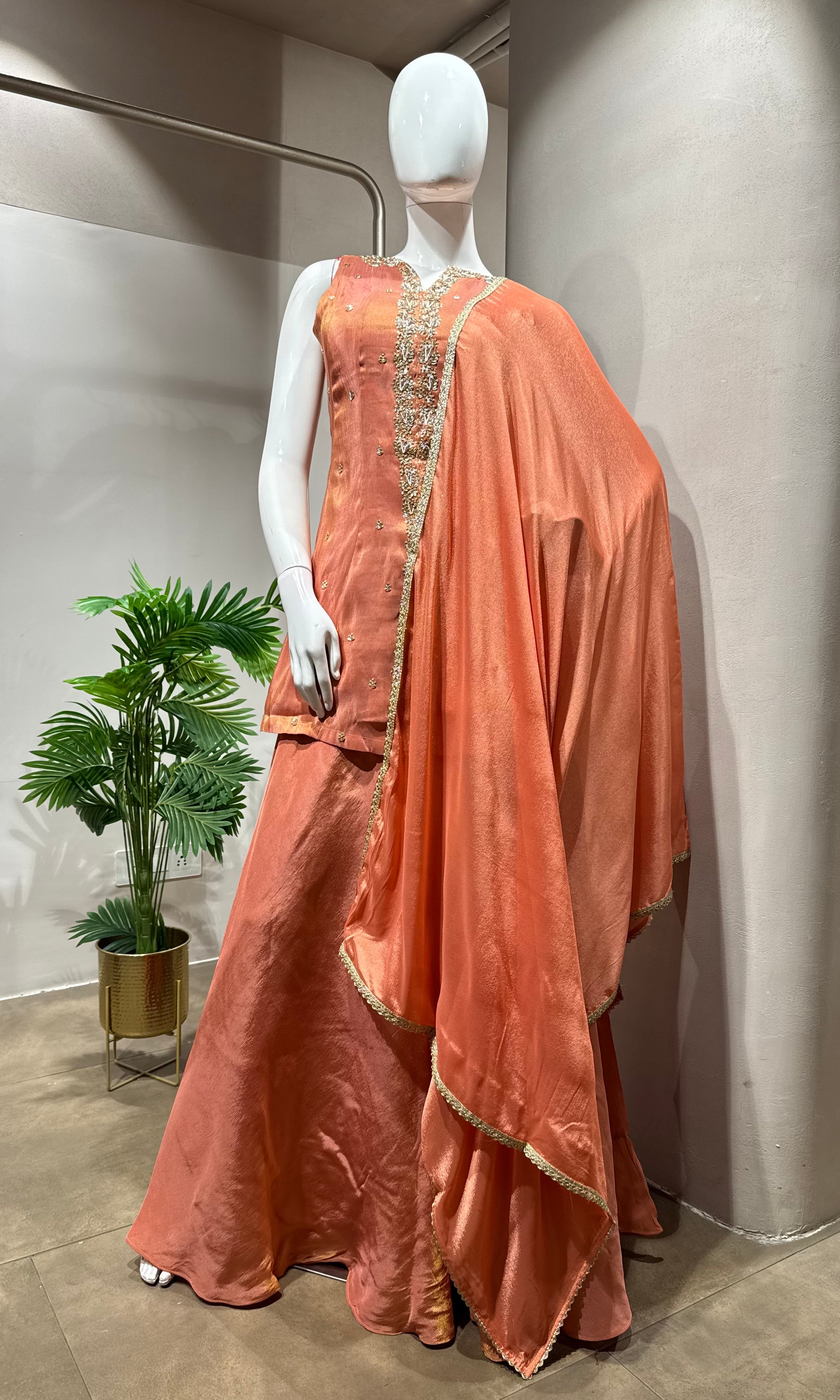 Peach Golden Tissue peplum palazzo Set
