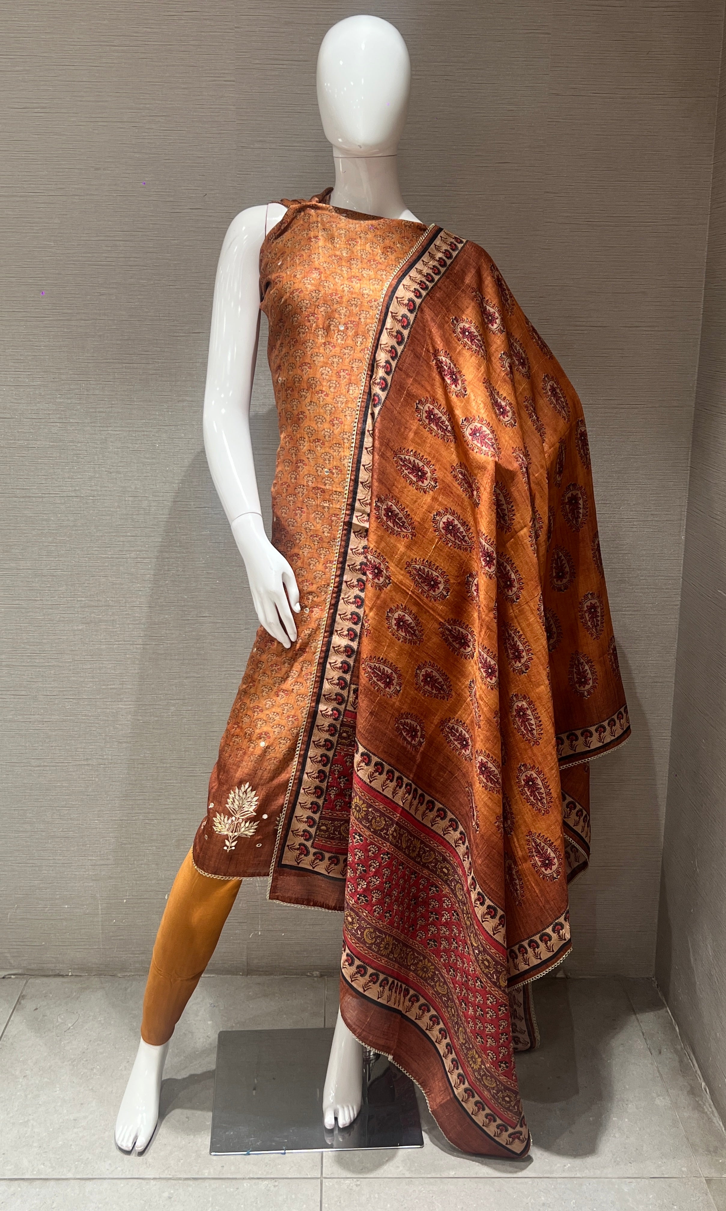 Brown Printed Dress Material