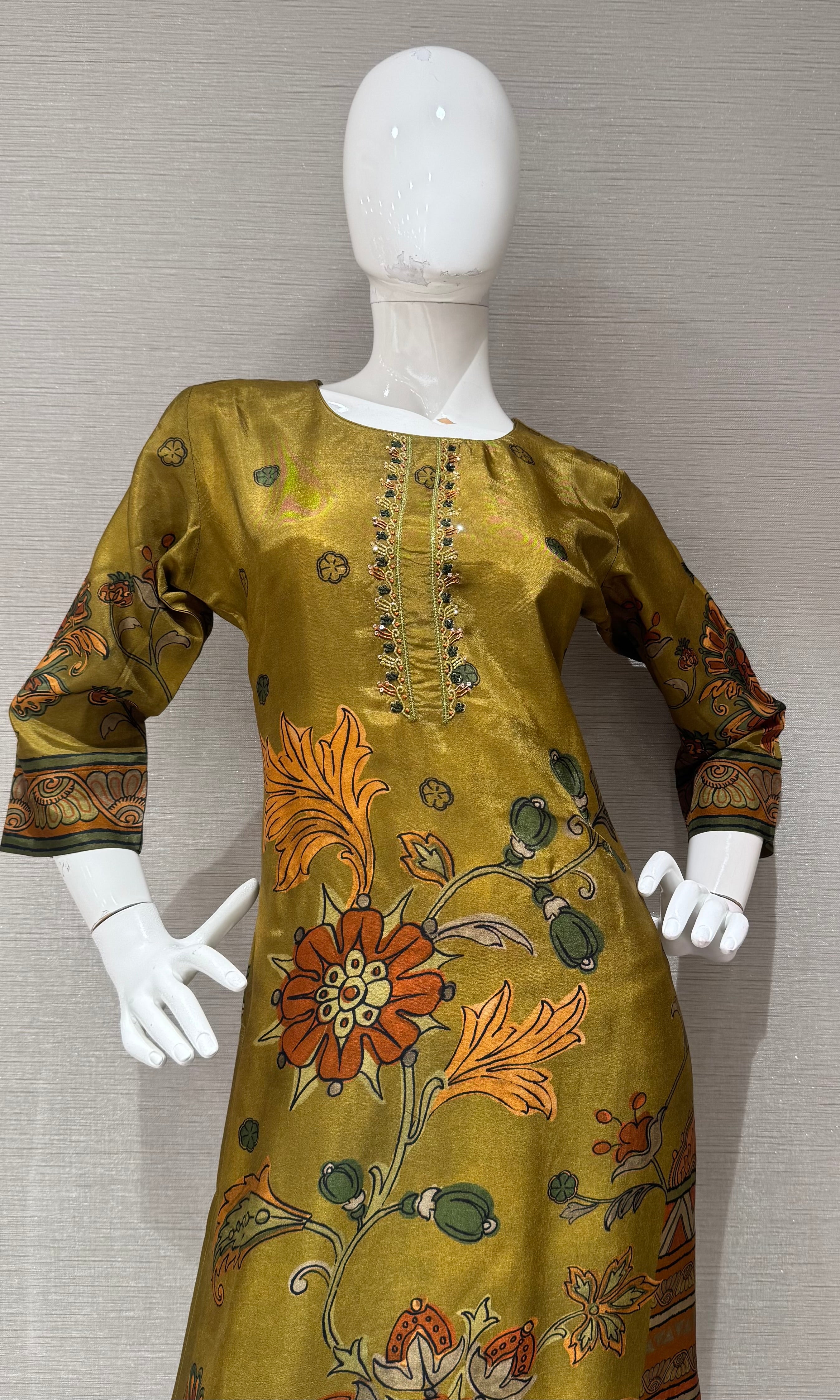 Mustard Green Floral Motif Kurta Top