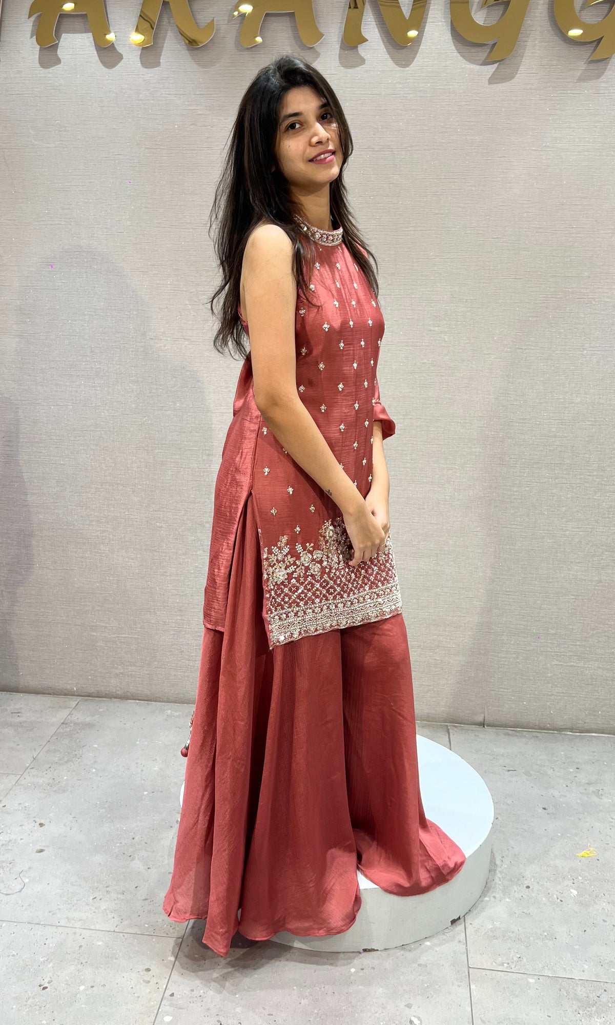 Rust Silk Embroidered Kurta and Palazzo Set