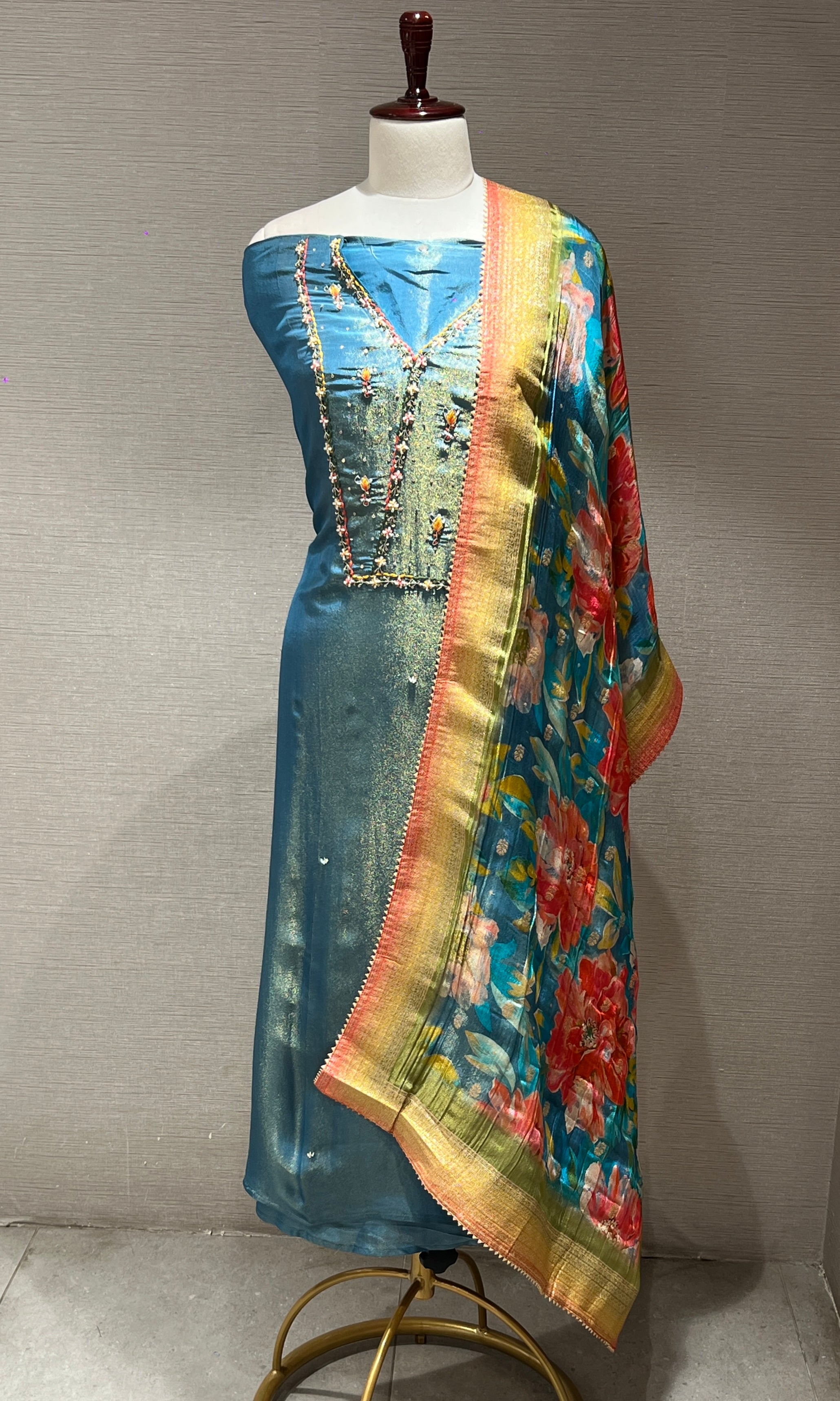 Teal Blossom Embroidered Dress Material
