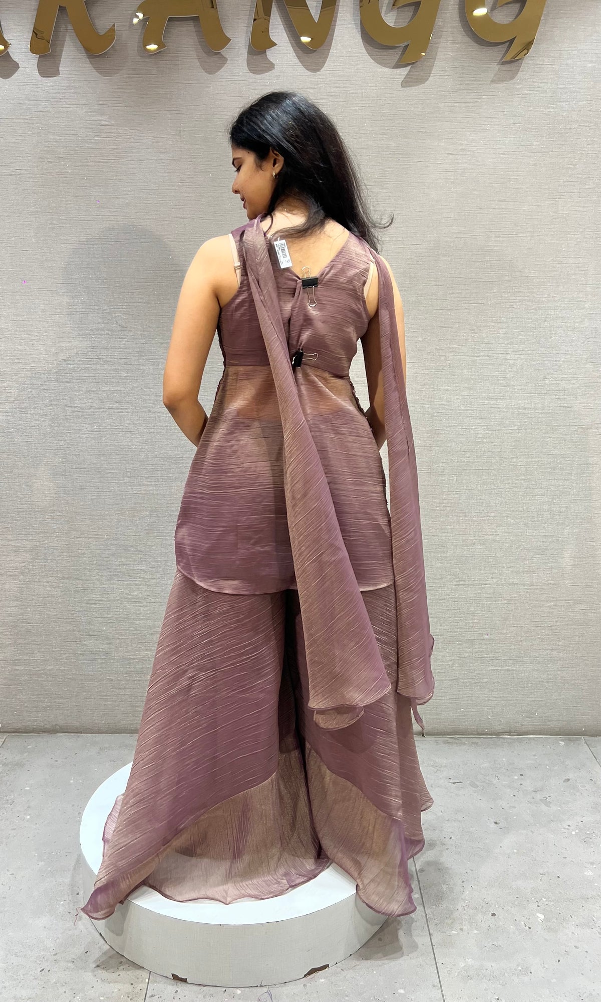 Mauve tissue Silk Palazzo Set with butterfly top & dupatta