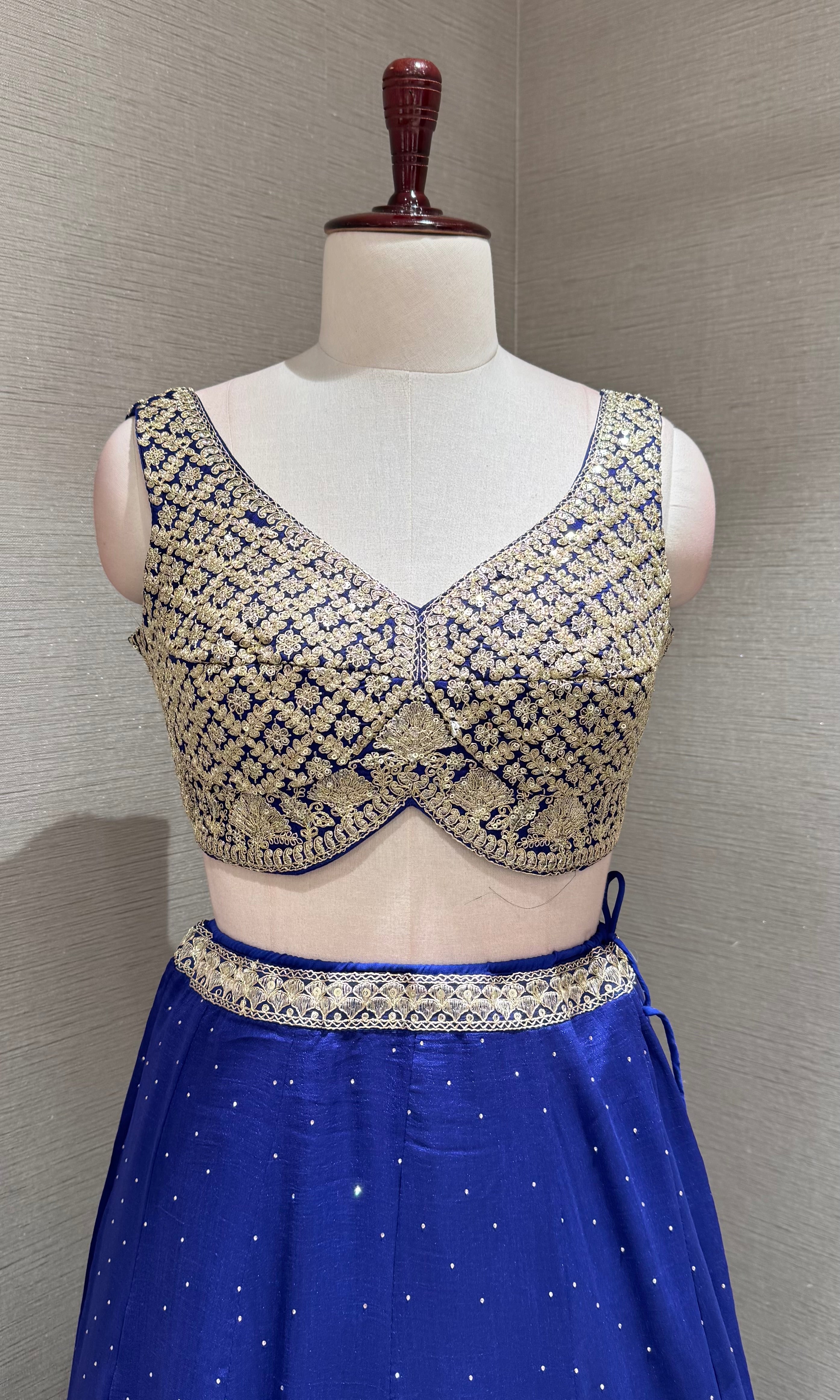 royal blue lehenga set with intricate gold & silver embroidery