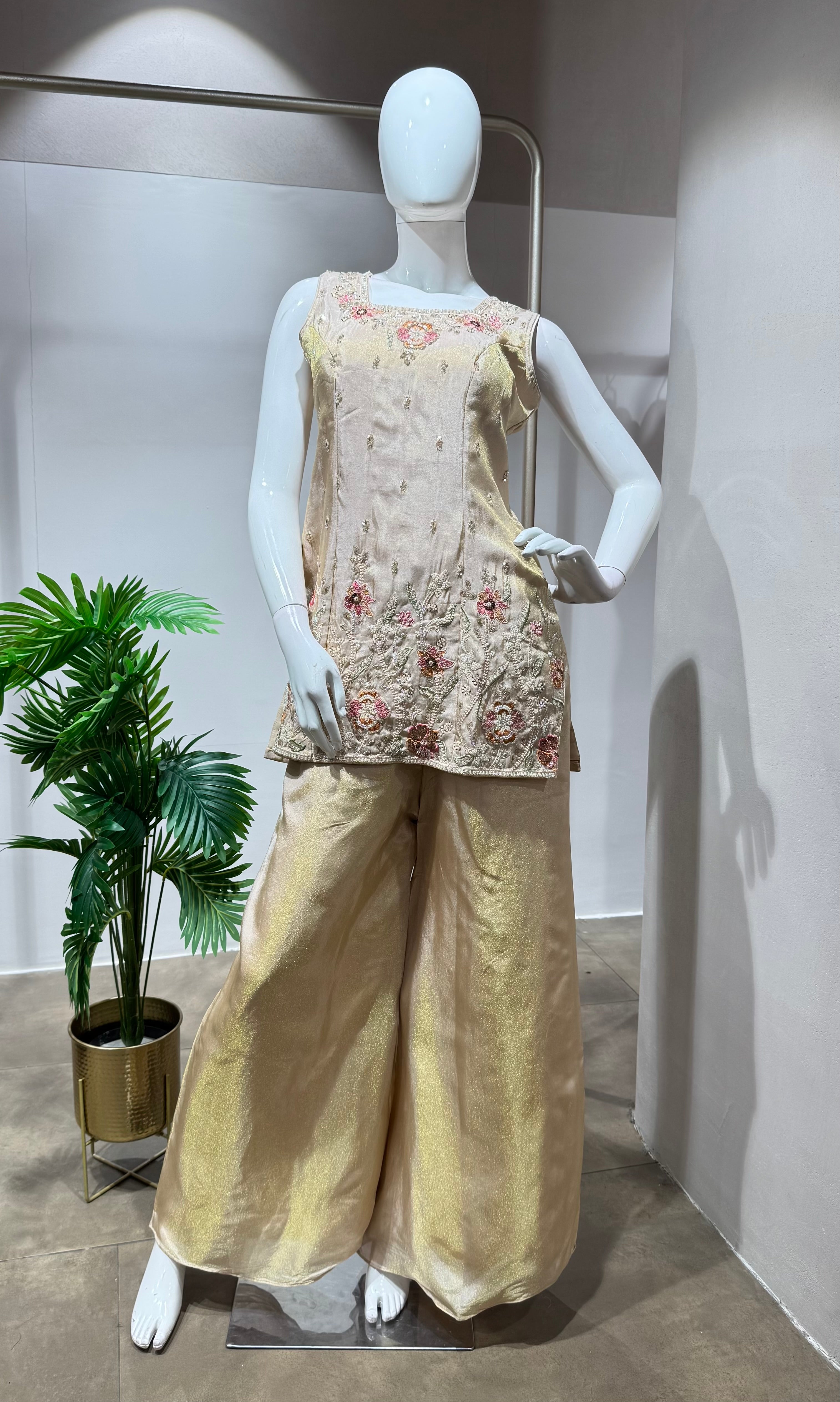 Peach shimmer gold tissue floral embroidery sharara