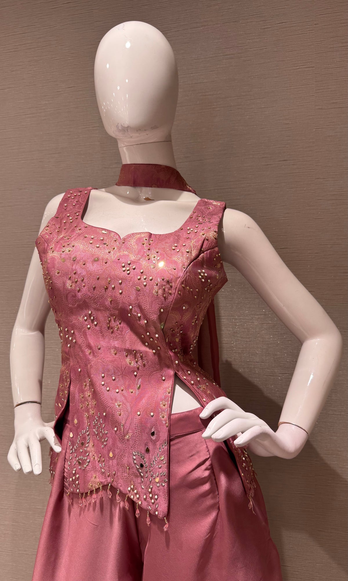 Onion Pink Satin Embellished Crop Top and Palazzo Set