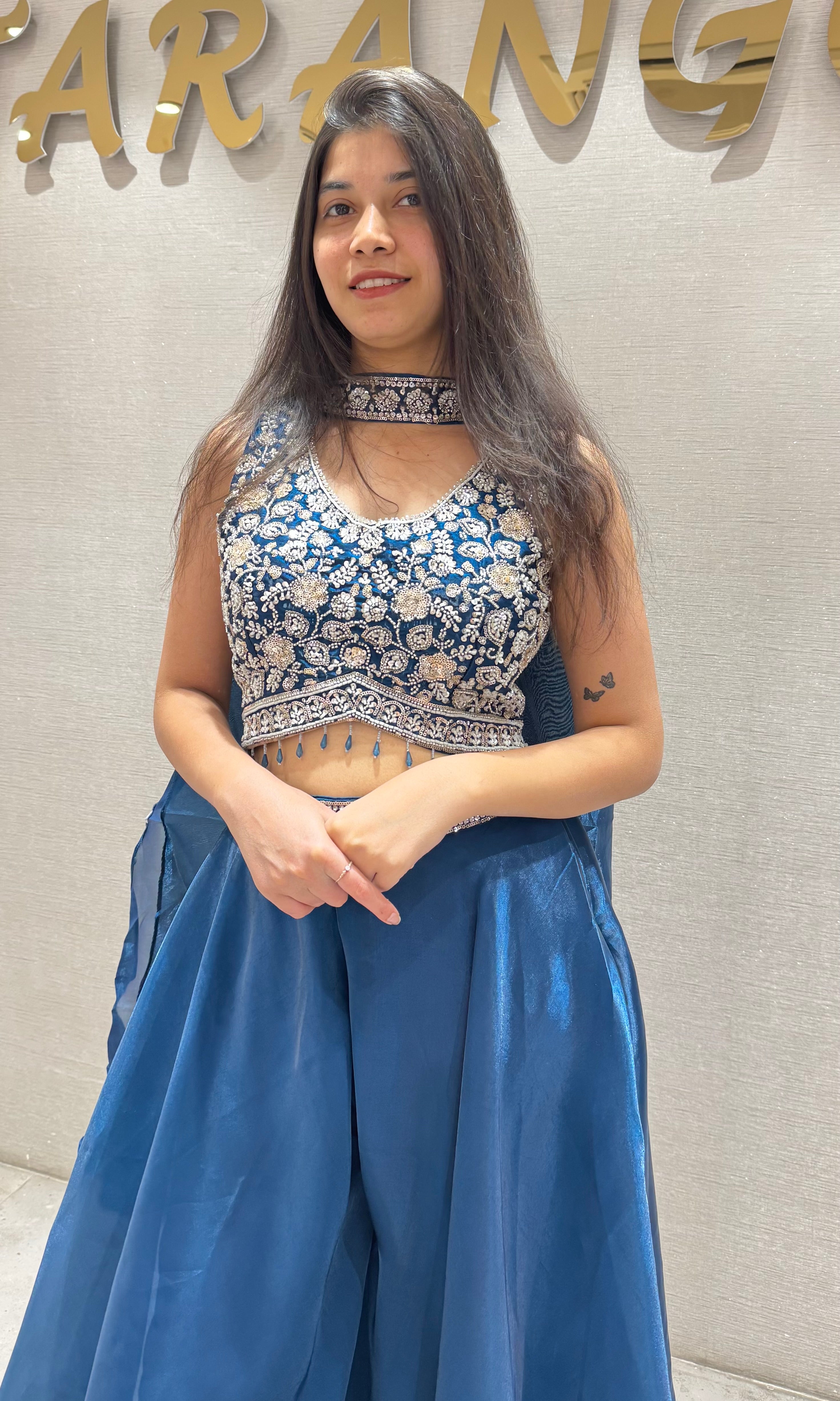 Teal Blue embroidered Crop Top Palazzo set