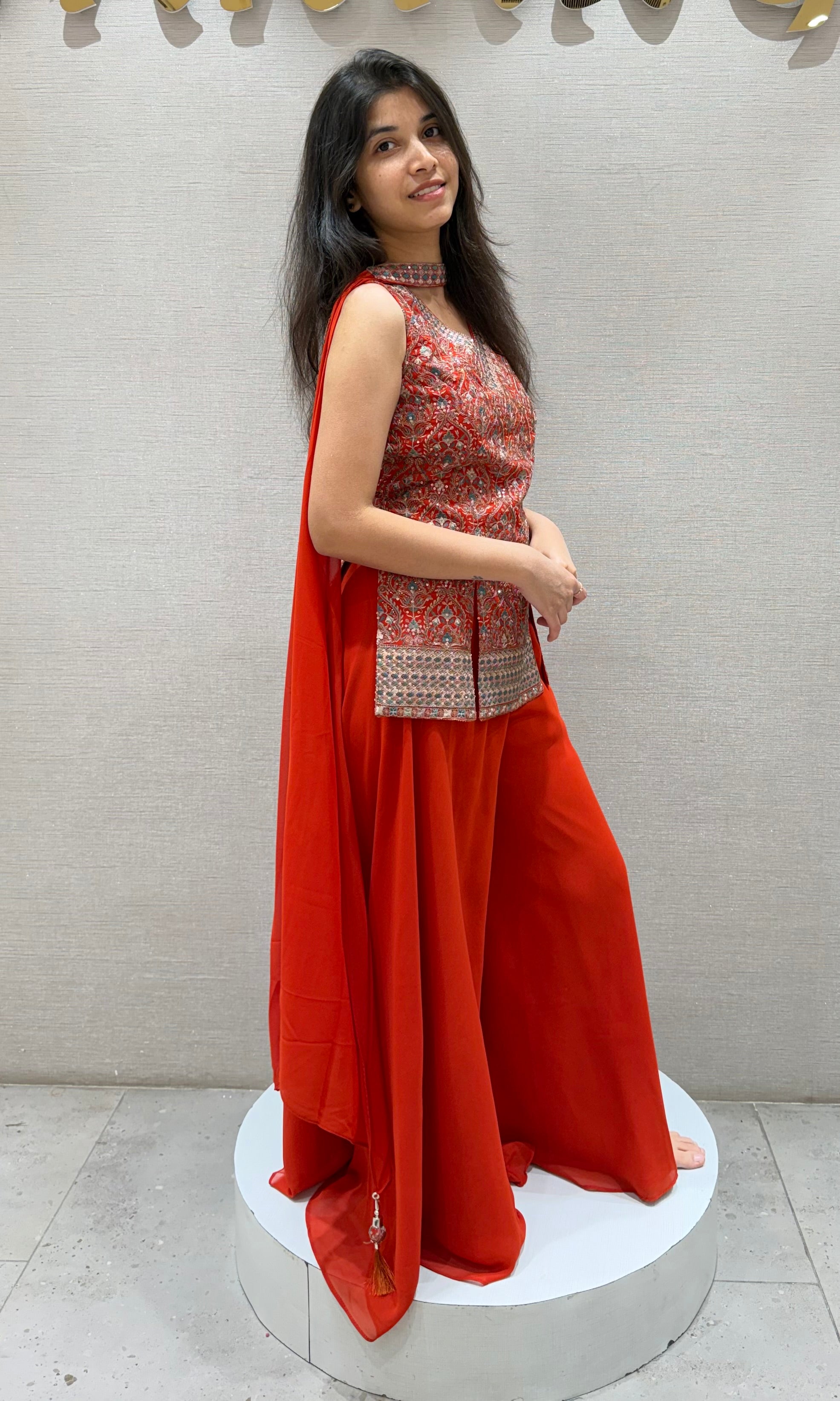 Rust EMBROIDERED PEPLUM PALAZZO SET