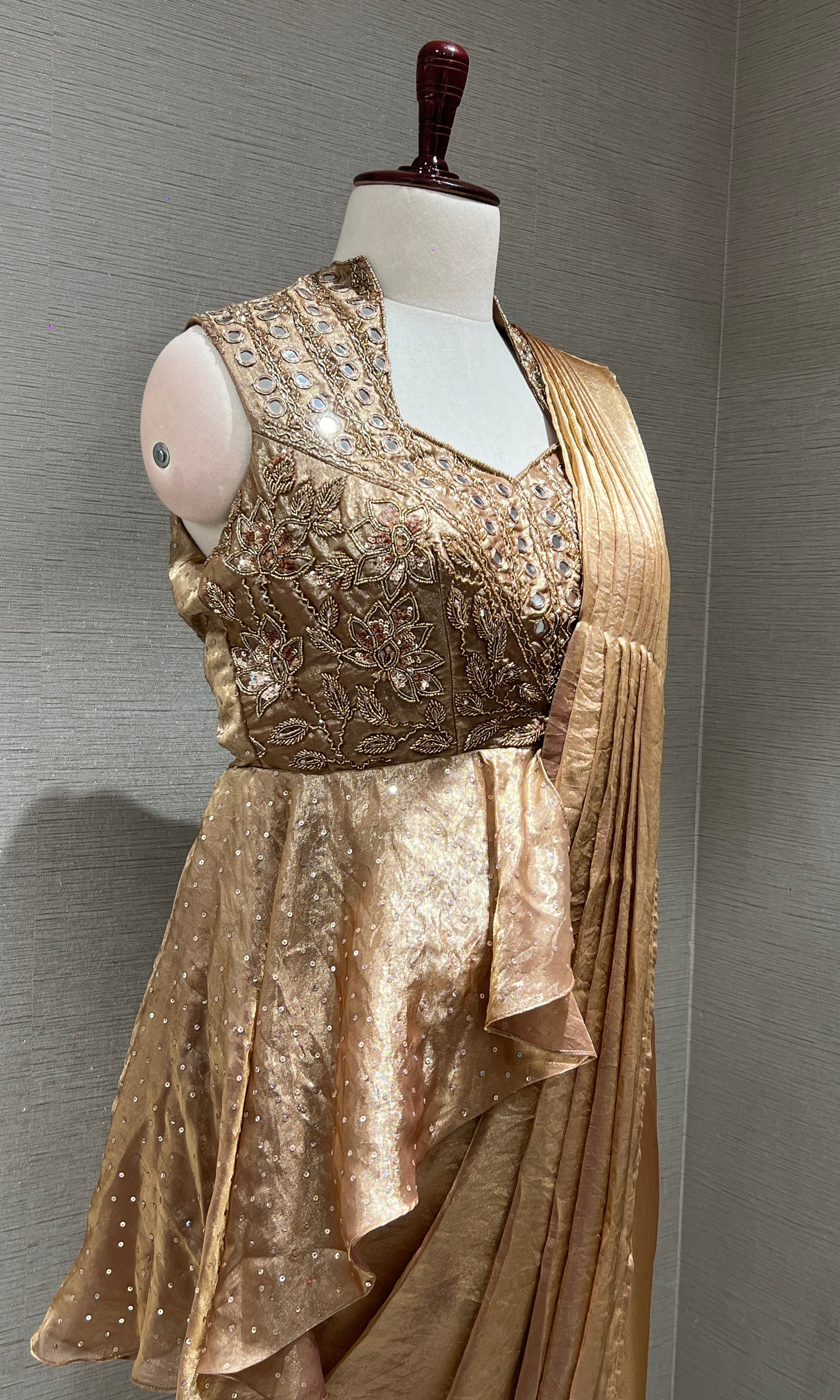 LIGHT BROWN metallic gold draped saree