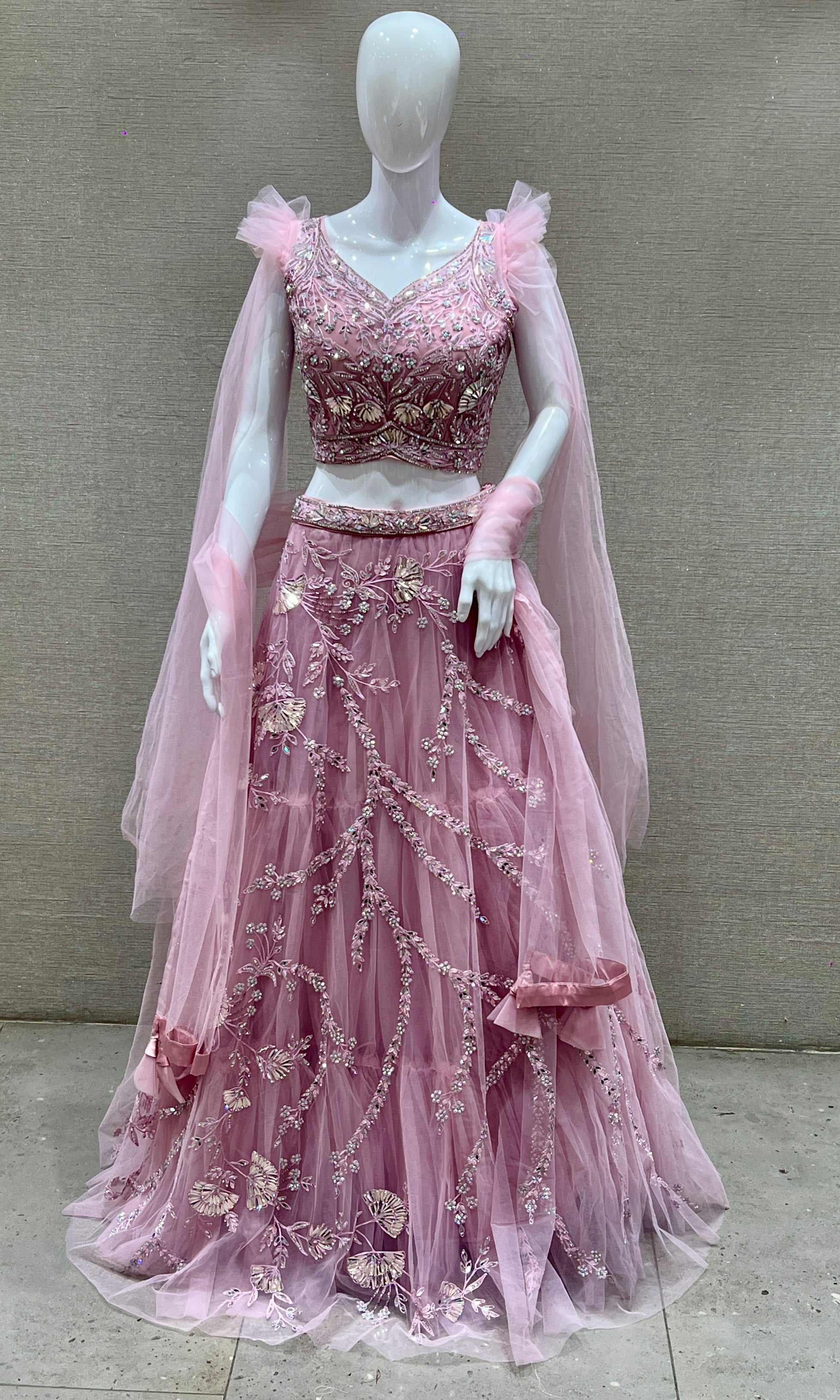 Gulbahaar – Dusty Pink Net Embroidered Lehenga Set