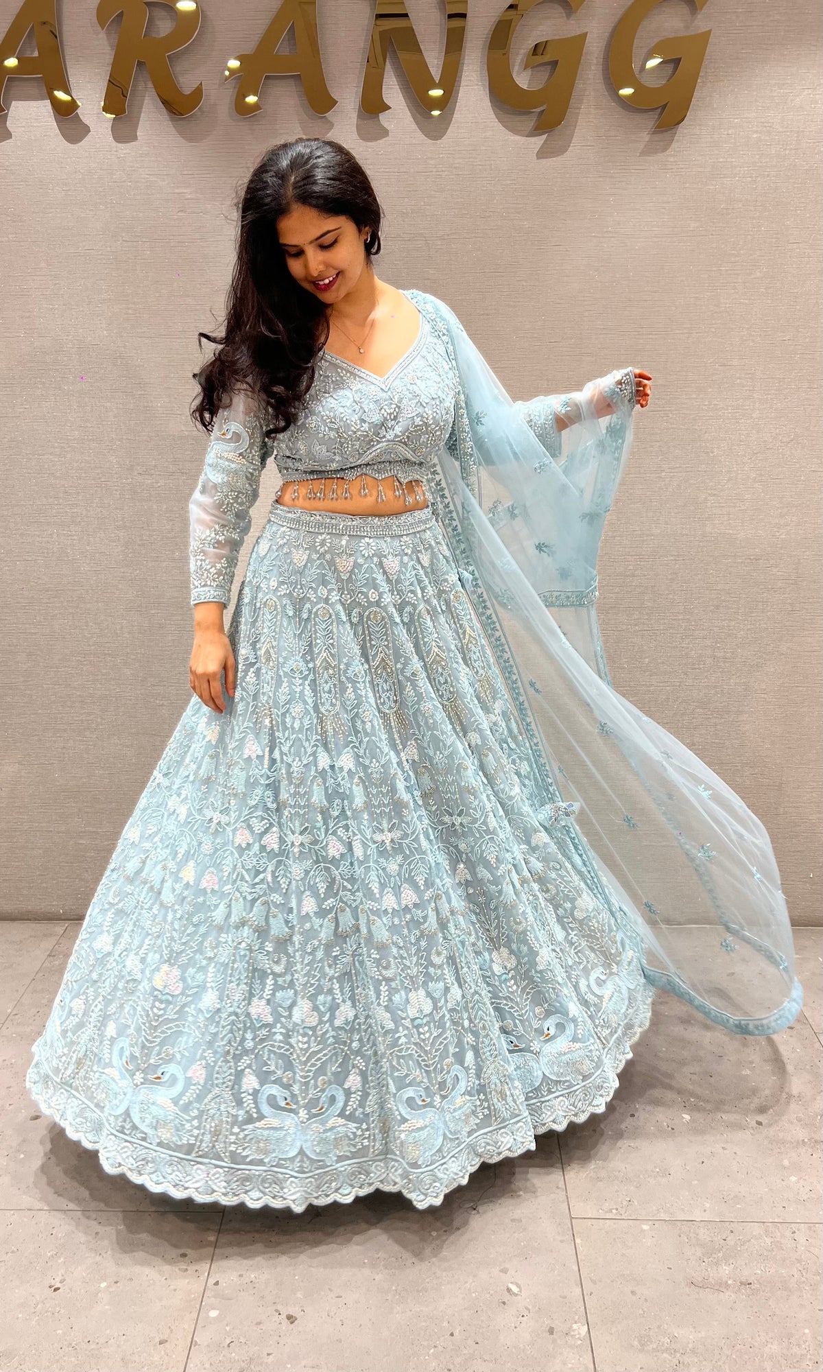 Powder Blue Floral silk Embroidered Bridal Lehenga set with dupatta