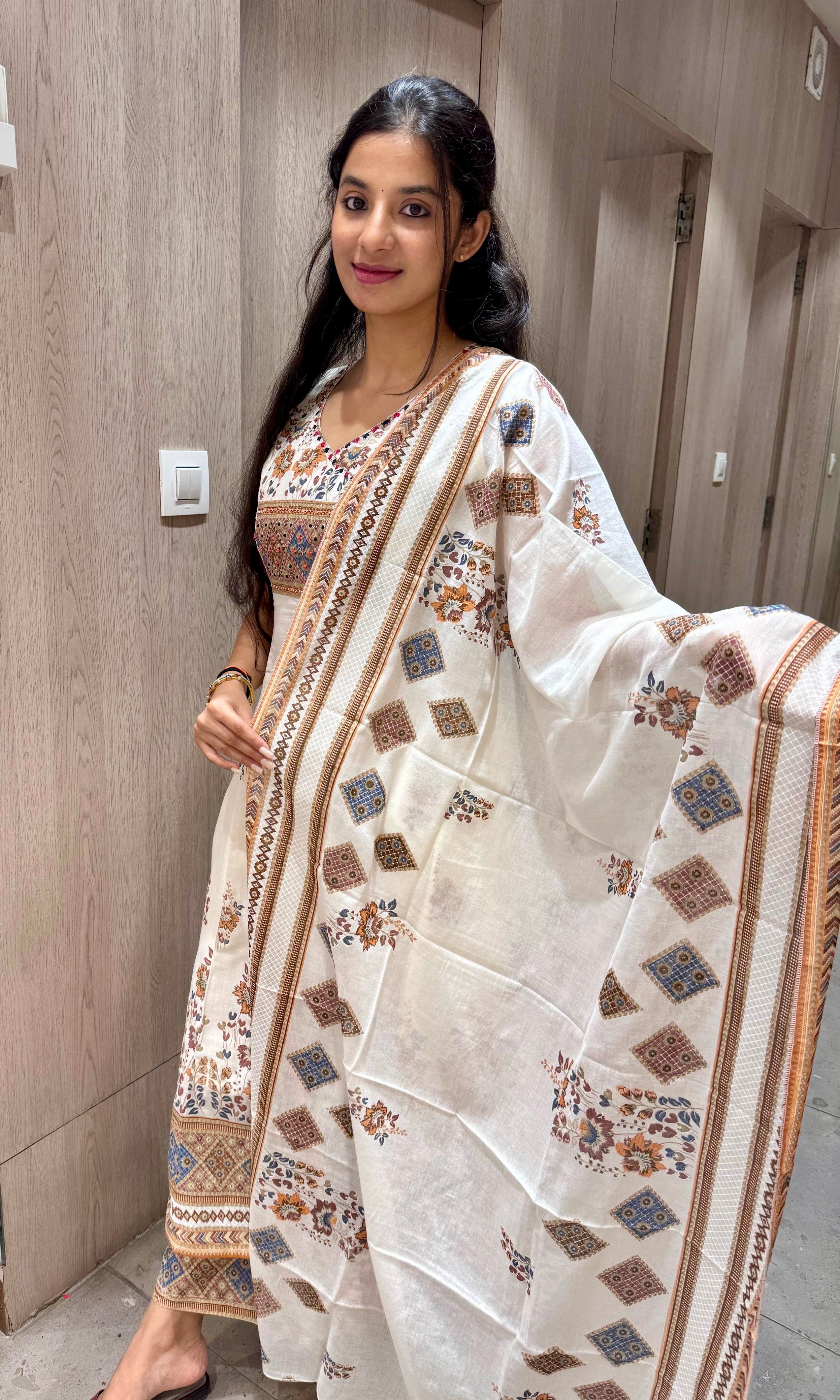 Off-White Block Print Cotton Anarkali with Pant & Dupatta (k222)