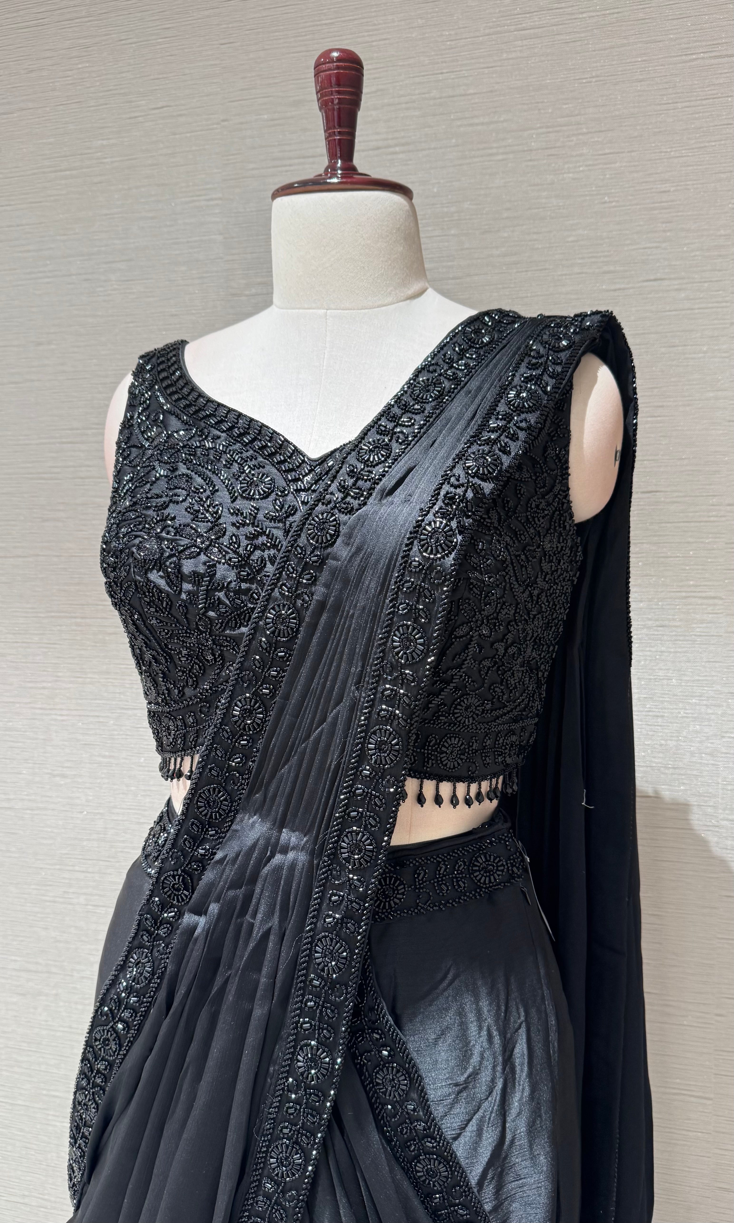 Black Embellished Draped Saree with Ethnic Blouse