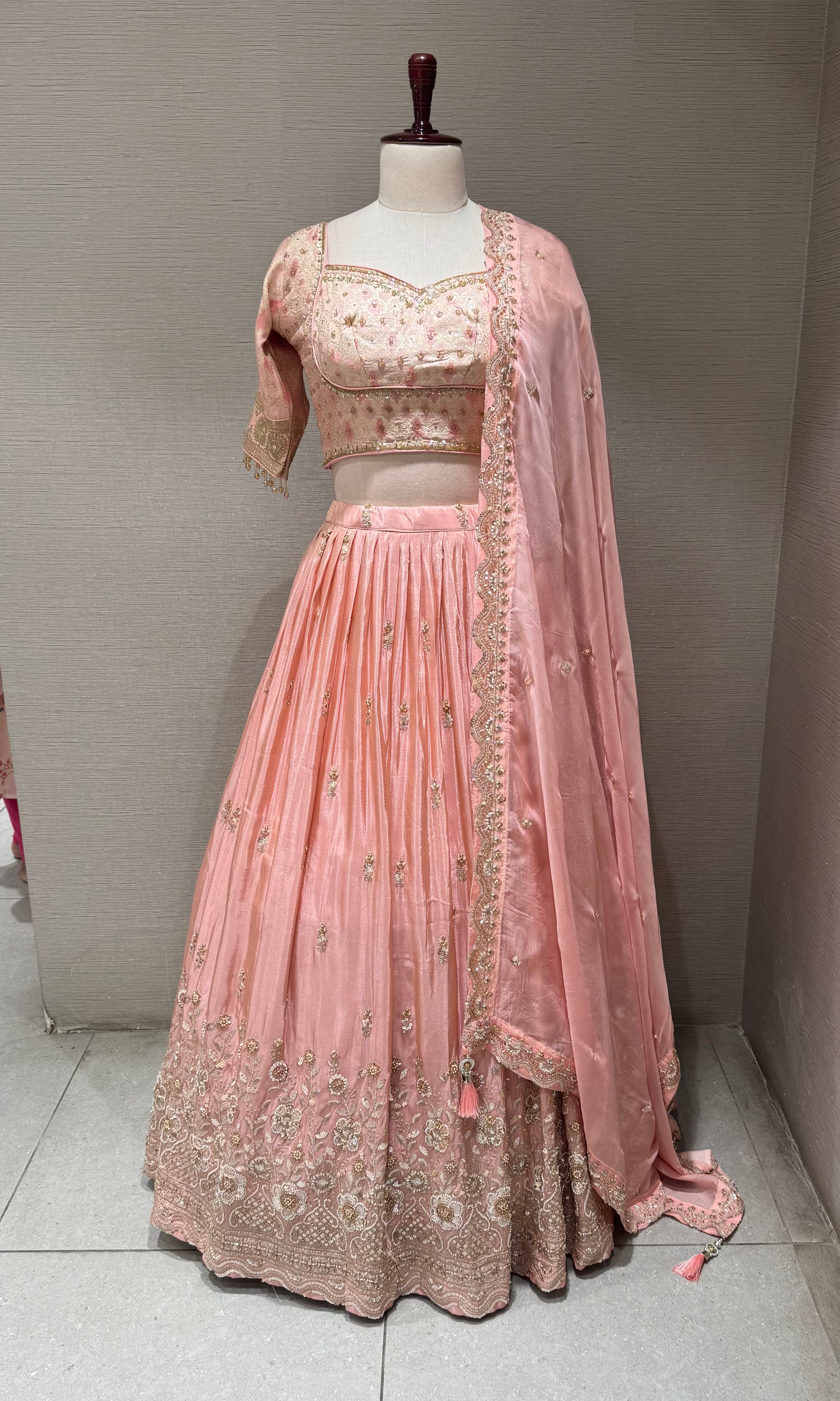 Blush Pink Sequins Embroidered Tissue Lehenga Choli