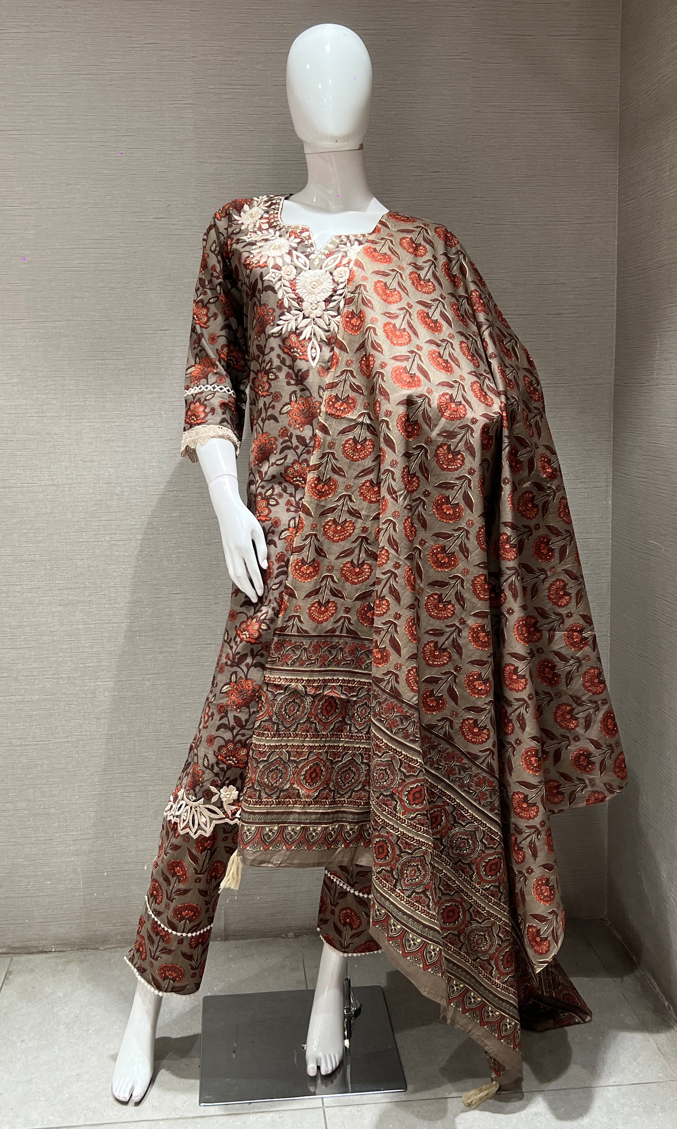 GREY AND orange printed EMBROIDERED KURTA SET