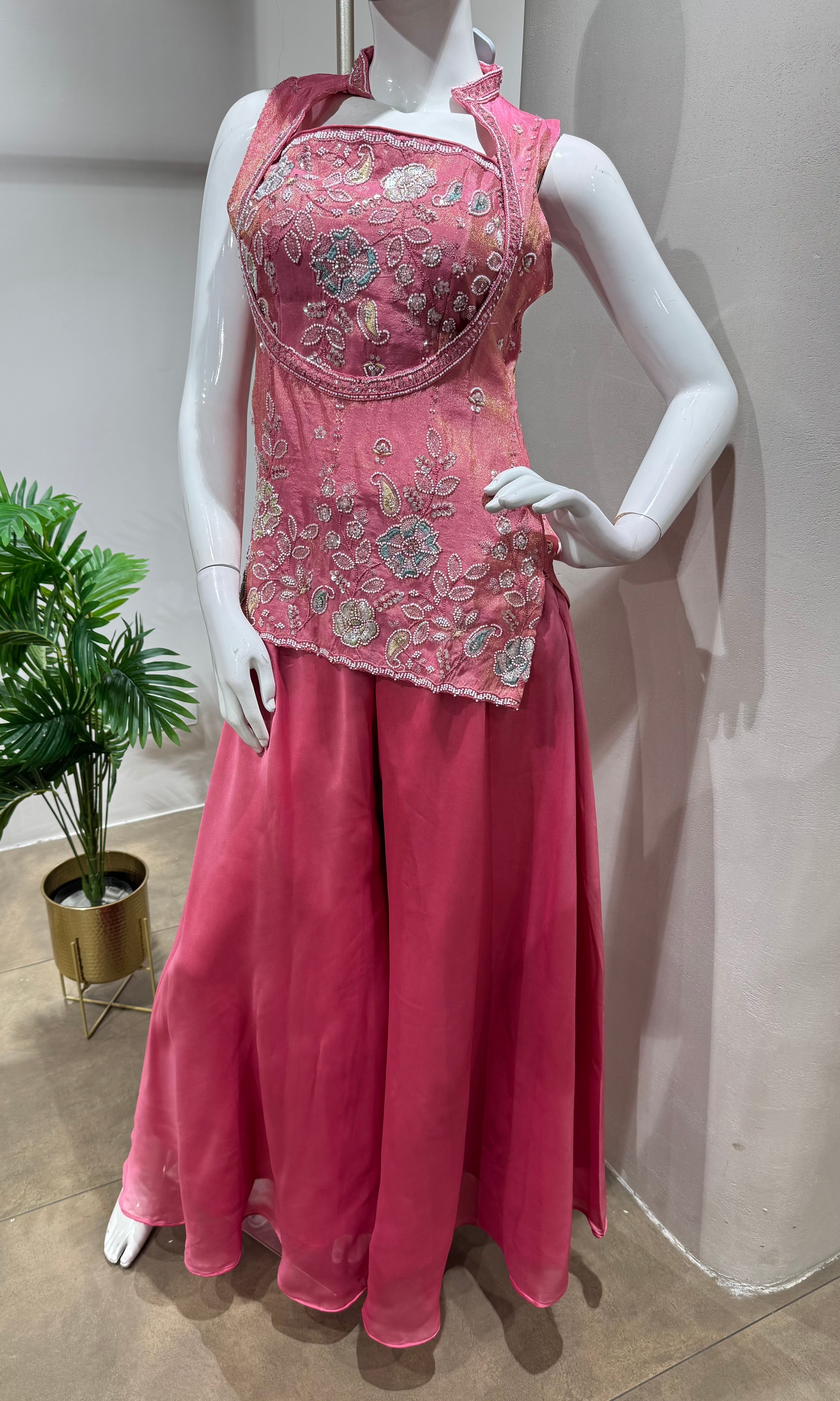 Pink Embroidered Peplum & Palazzo Set