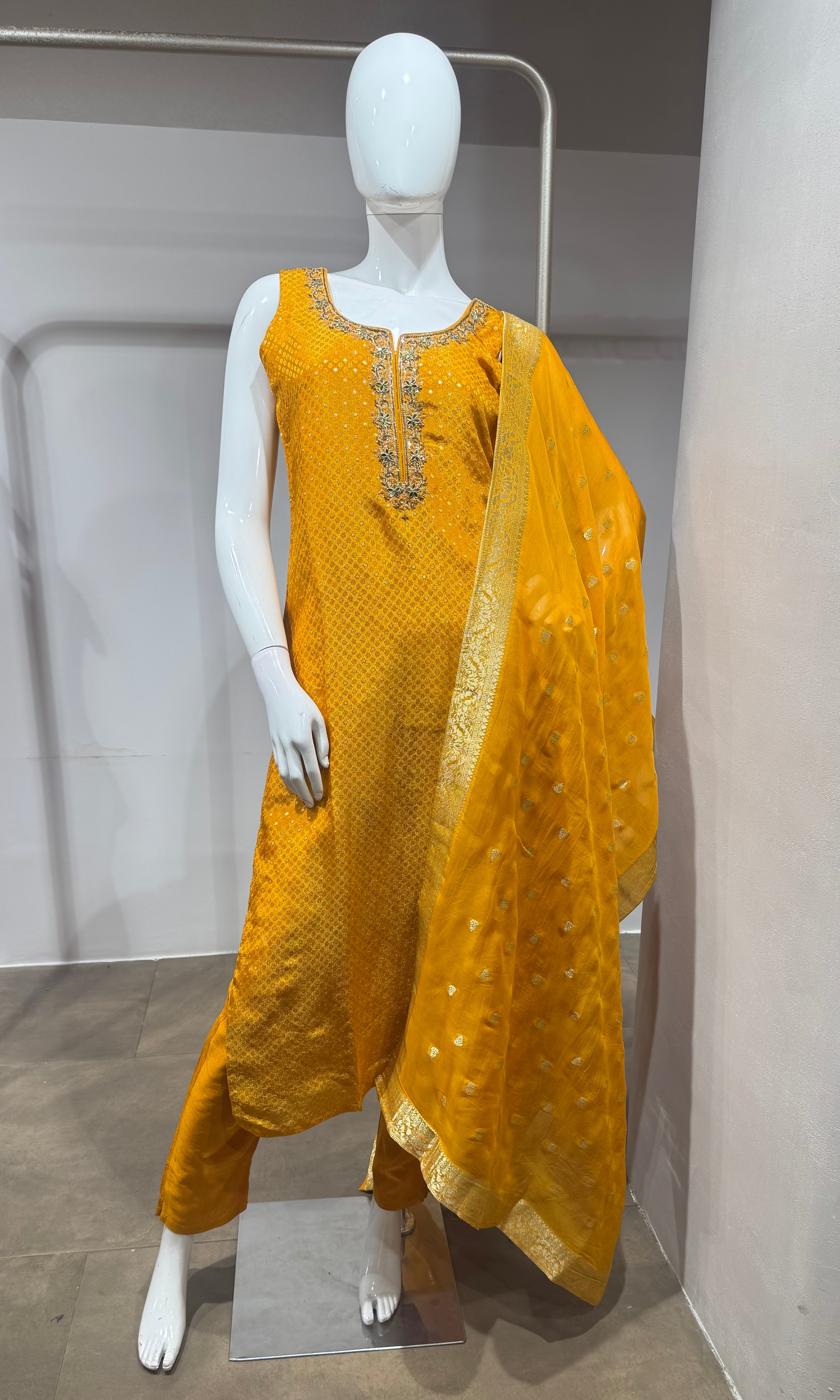 Mustard Yellow Banarasi Embroidered Kurta Set