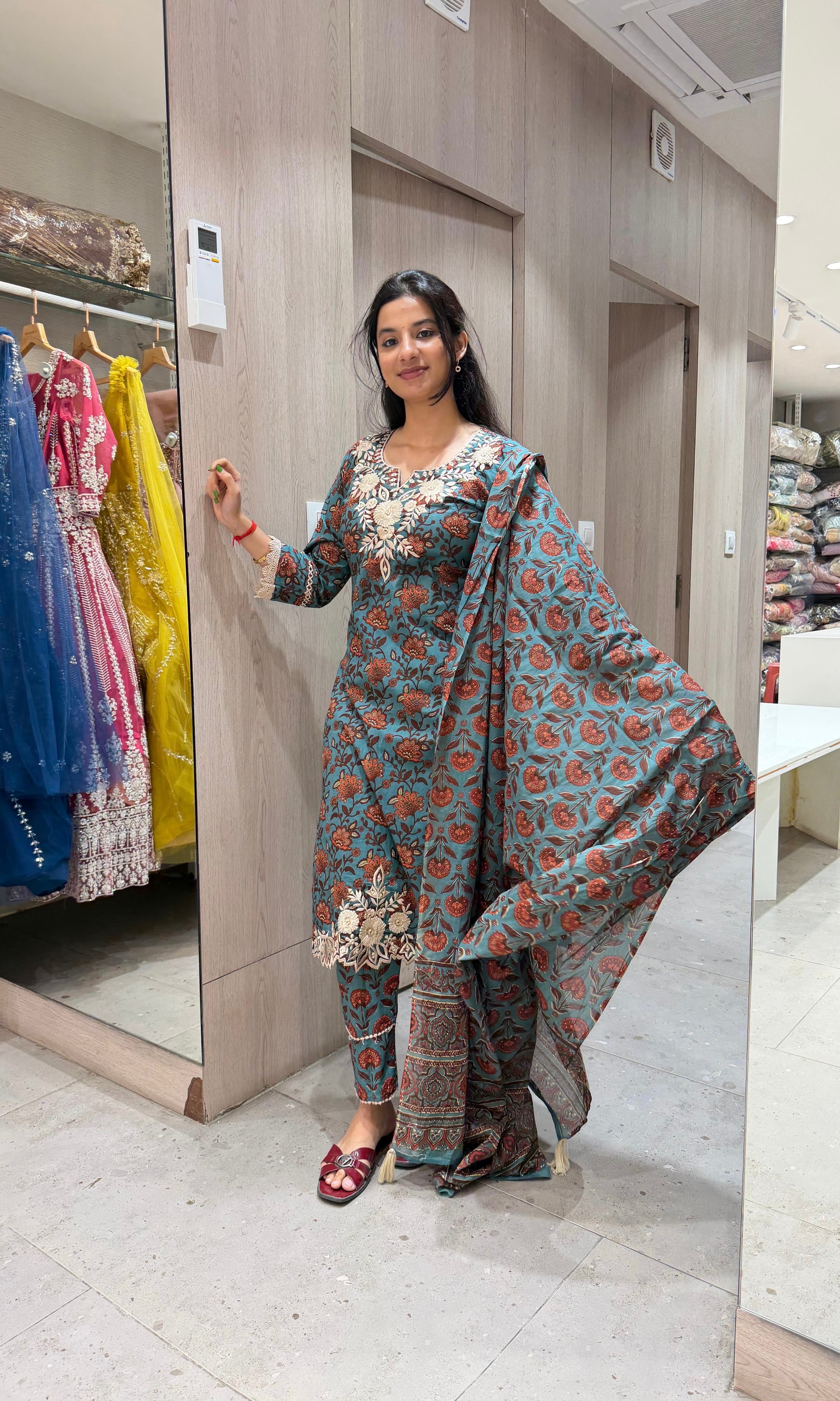 BLUE printed EMBROIDERED KURTA SET