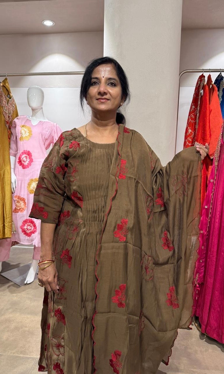 Brown Embroidered Mul Cotton Kurta Set