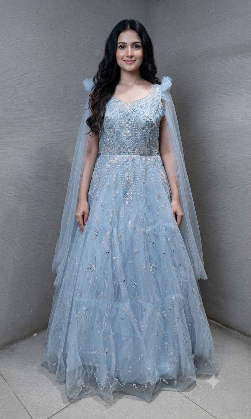 Sea Blue Tulle Ballgown with Floral Embroidery