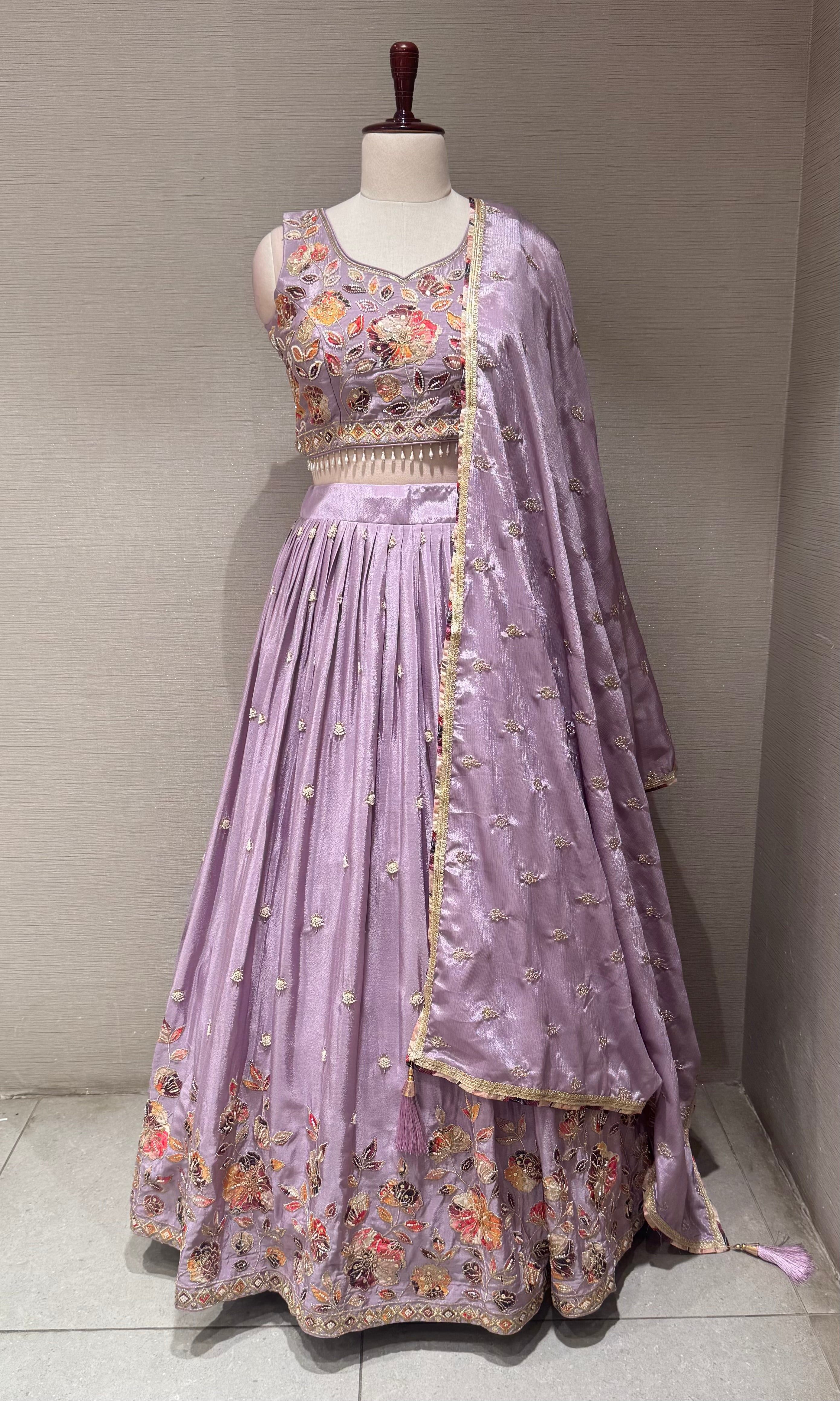 Lilac Tissue silk Multi Floral Crop Top Lehenga set