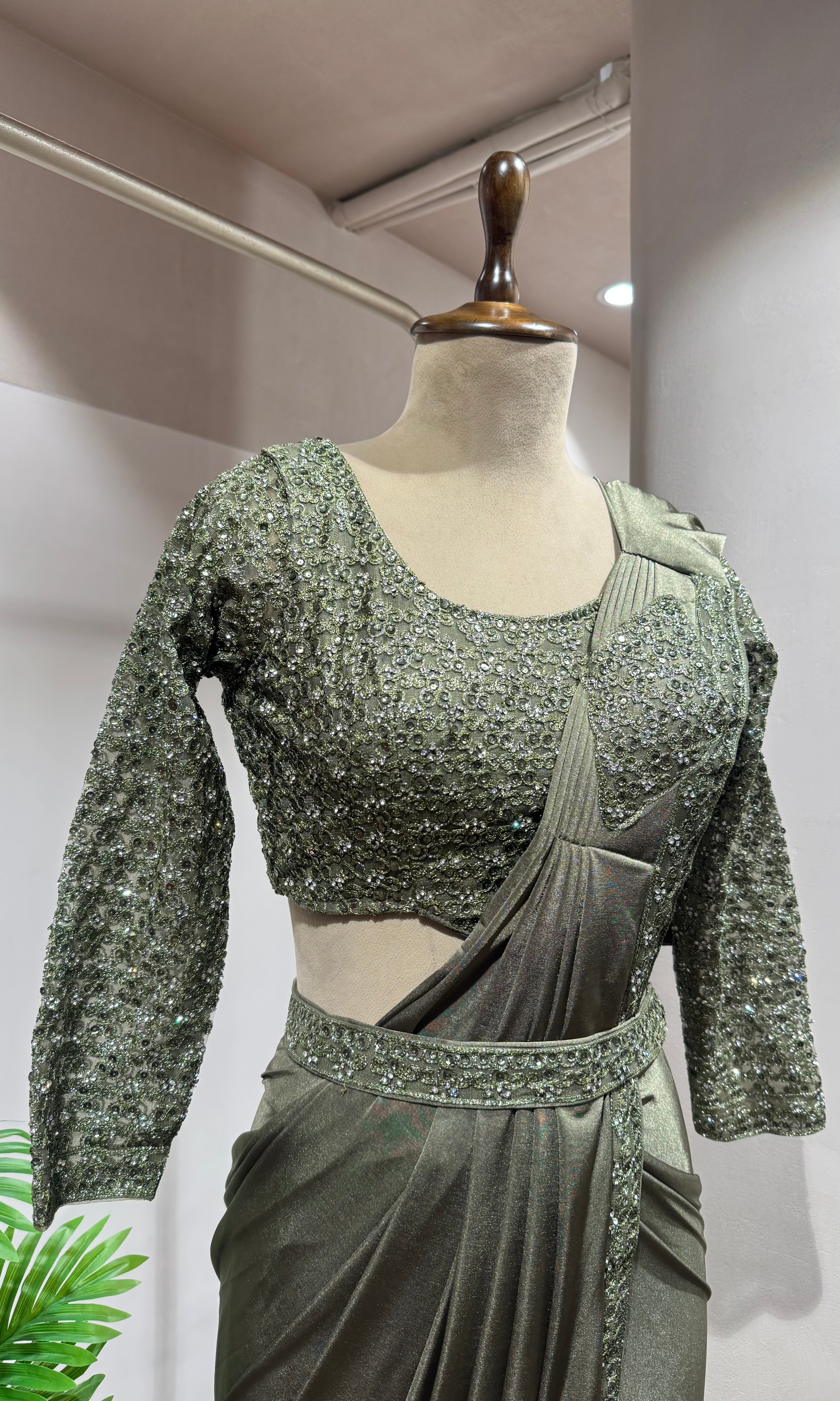 GREEN DRAPE SAREE WITH BLOUSE & BELT