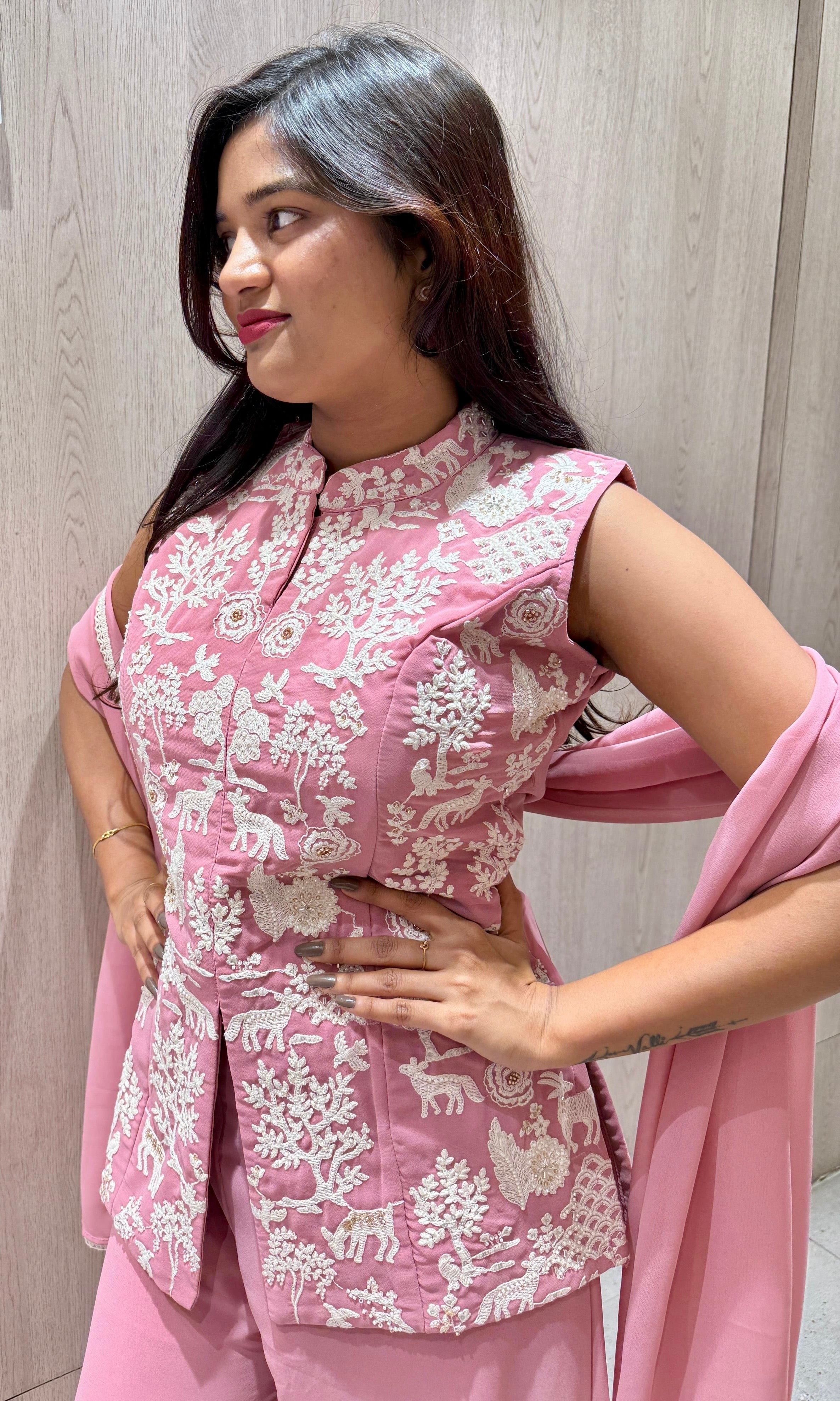 Onion pink Embroidered Peplum palazzo